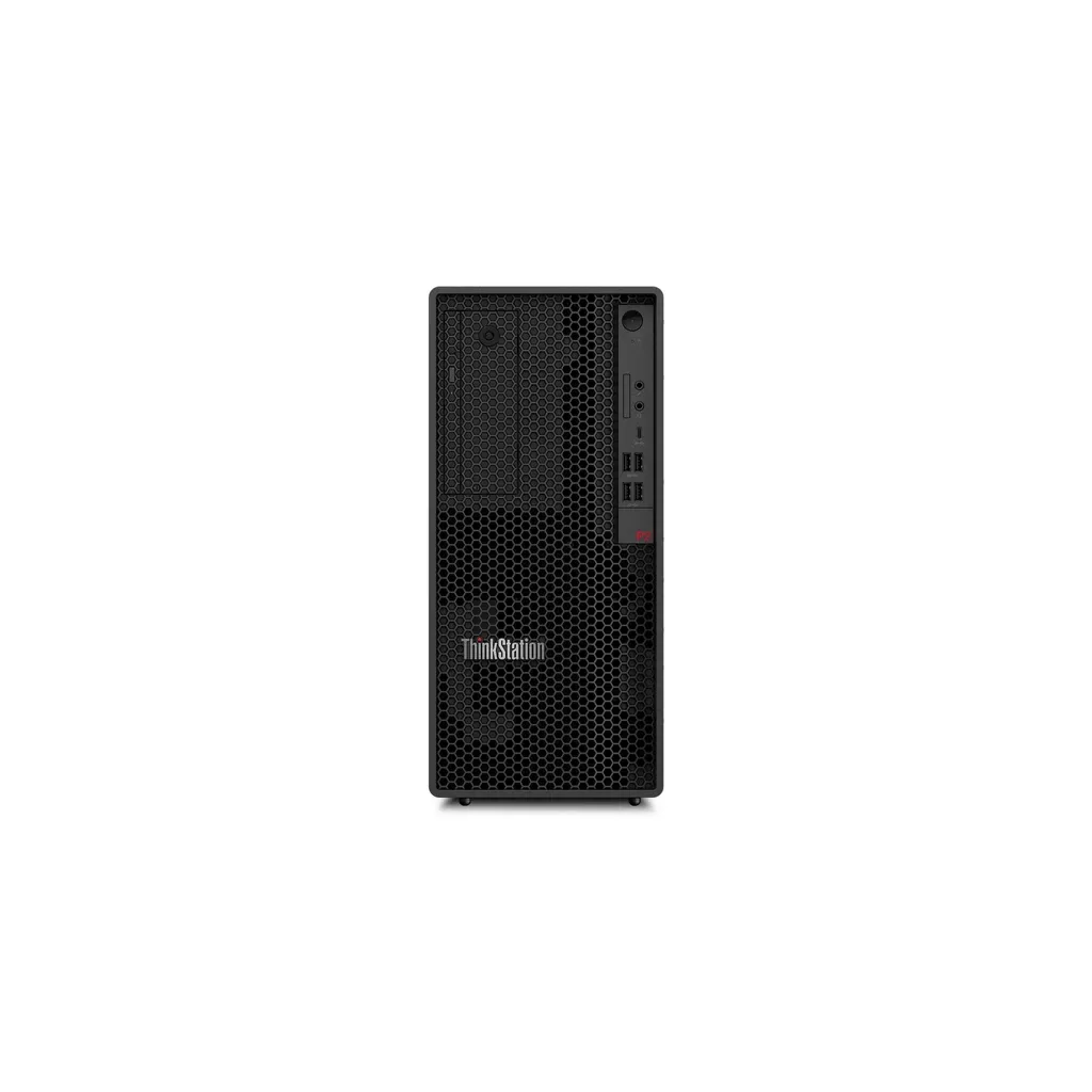 Petek havalandırma ızgarasına sahip siyah bir Lenovo ThinkStation masaüstü bilgisayarın önden görünümü.