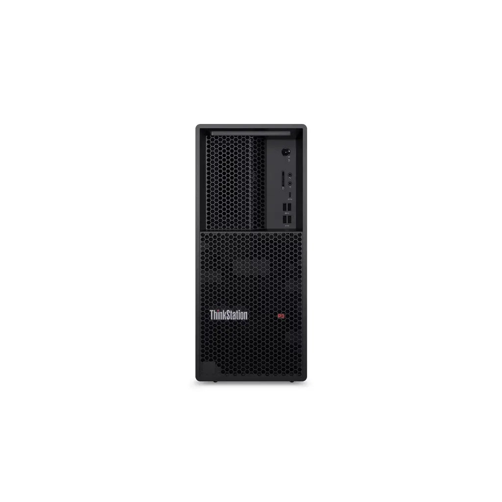 Beyaz arka planda önden görünen siyah Lenovo ThinkStation kule PC.