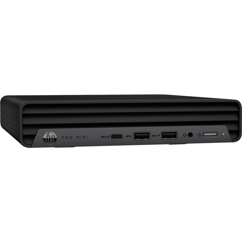 USB bağlantı noktaları ve güç düğmesi görünen siyah renkli bir HP Pro Mini masaüstü bilgisayarın ön görünümü.