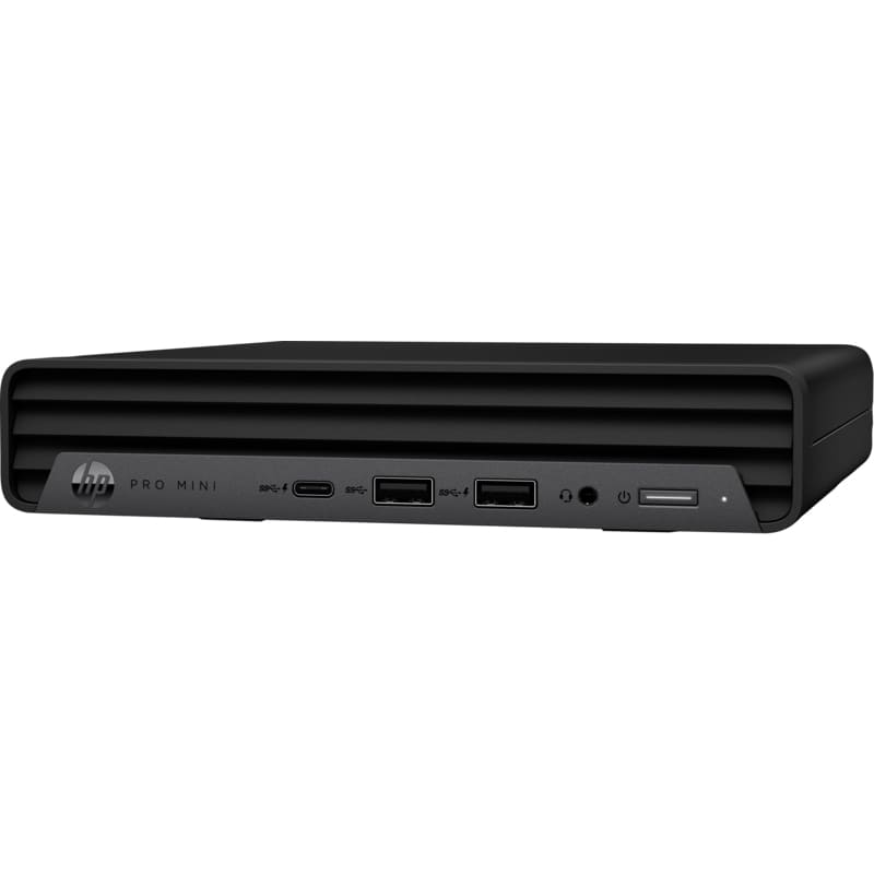 Ön tarafında USB bağlantı noktaları, kulaklık jakı ve güç düğmesi bulunan siyah HP Pro Mini PC.