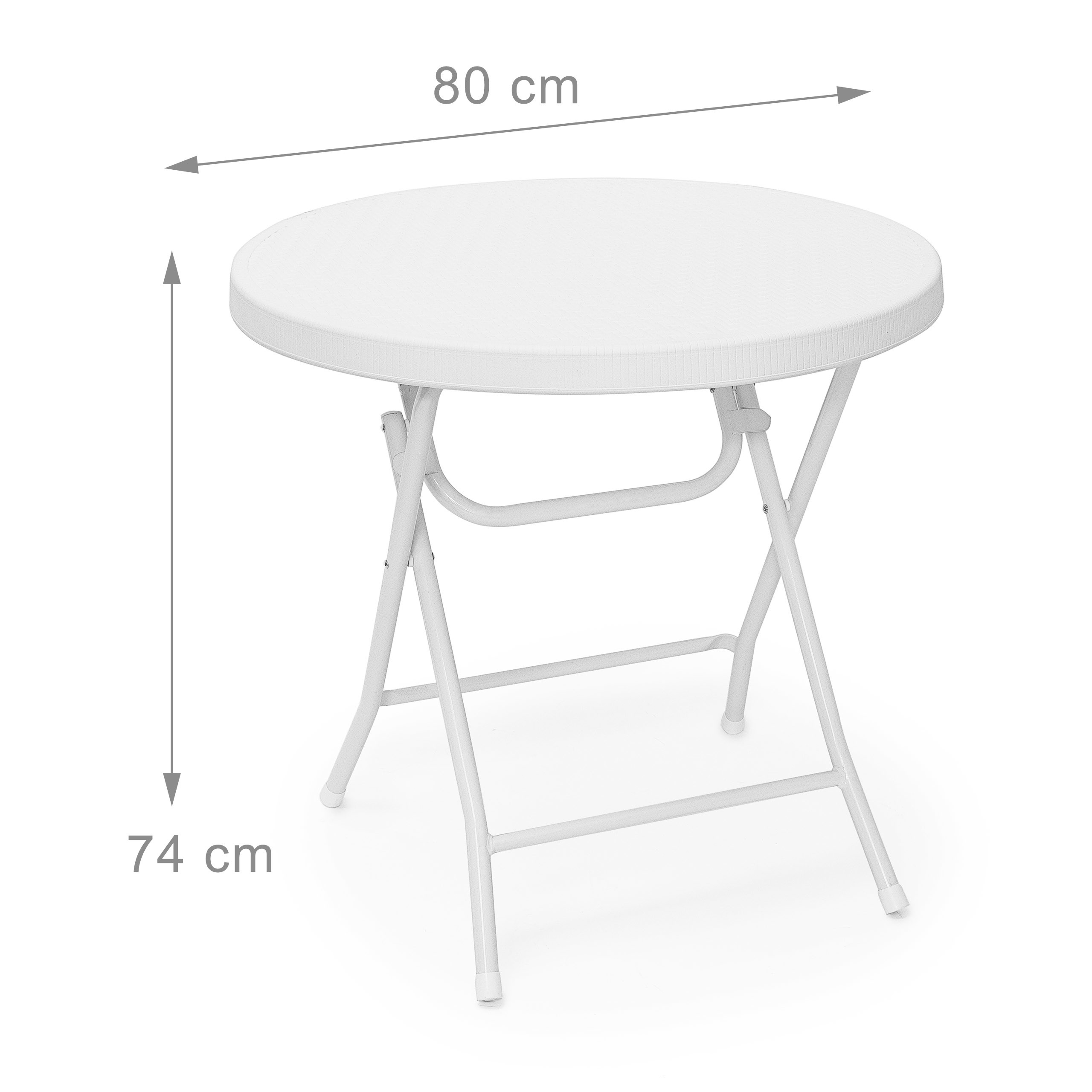 Runder weißer Klapptisch mit Maßen: 80 cm Durchmesser, 74 cm Höhe.