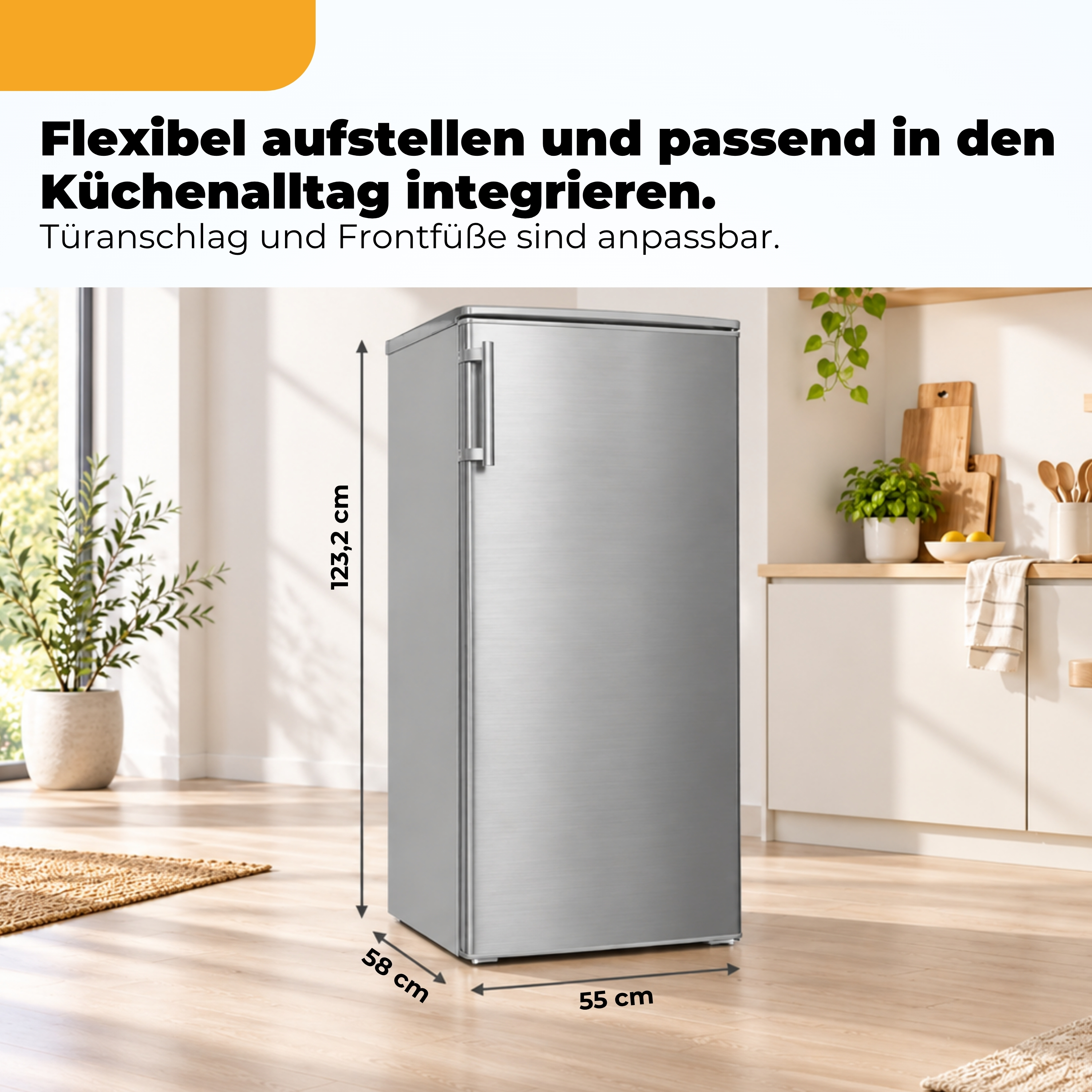 Ein Edelstahlschrankkühlschrank in einer hellen Küche mit Maßangaben zu seiner Größe.