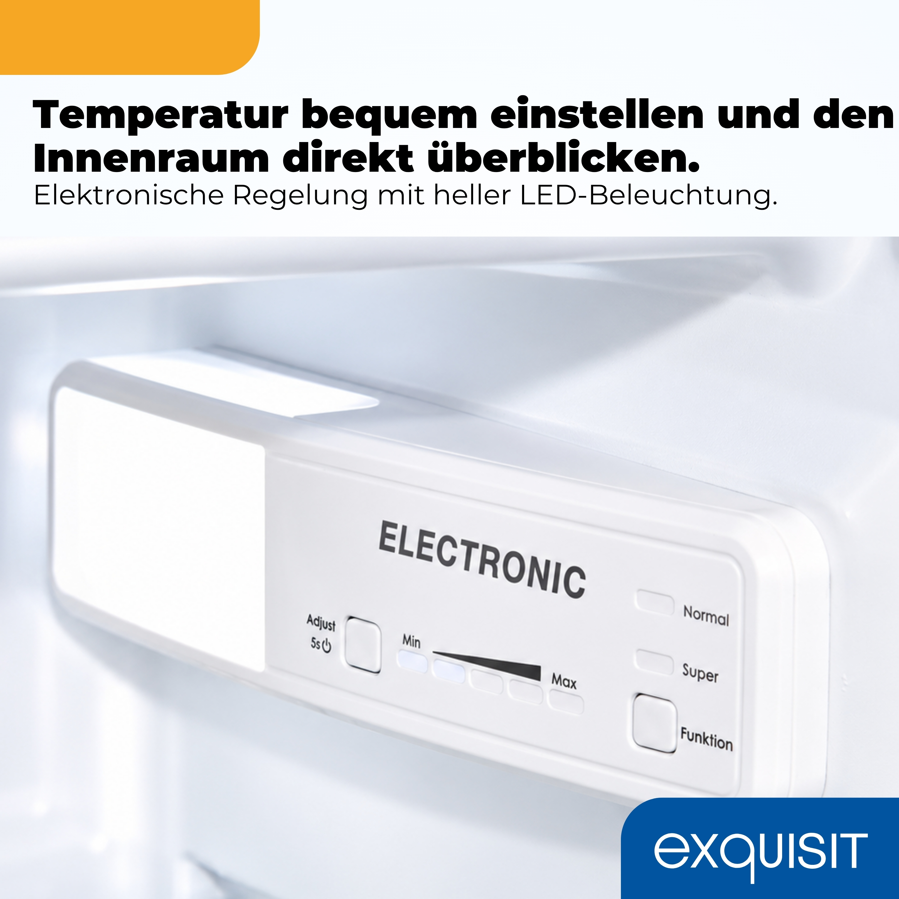 Nahaufnahme des elektronischen Bedienfelds und der LED-Beleuchtung im Kühlschrankinneren.