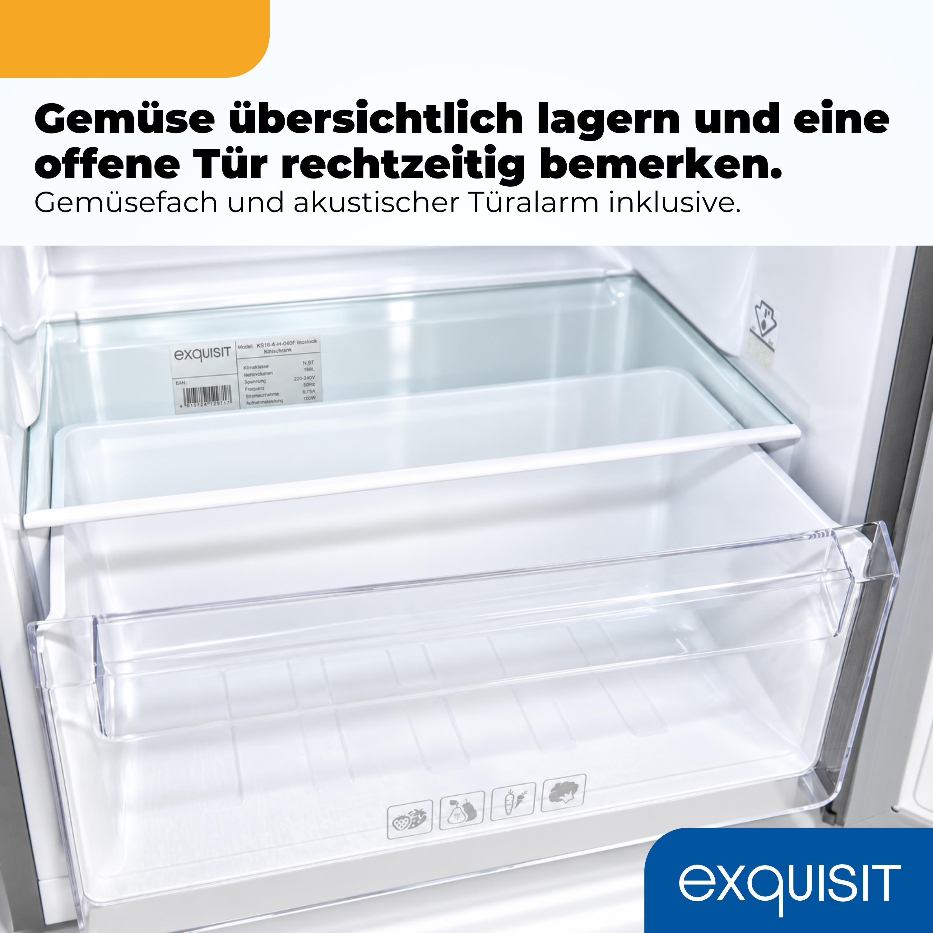 Geöffneter Kühlschrankinnenraum mit leerem Gemüsefach und transparenten Ablagen.