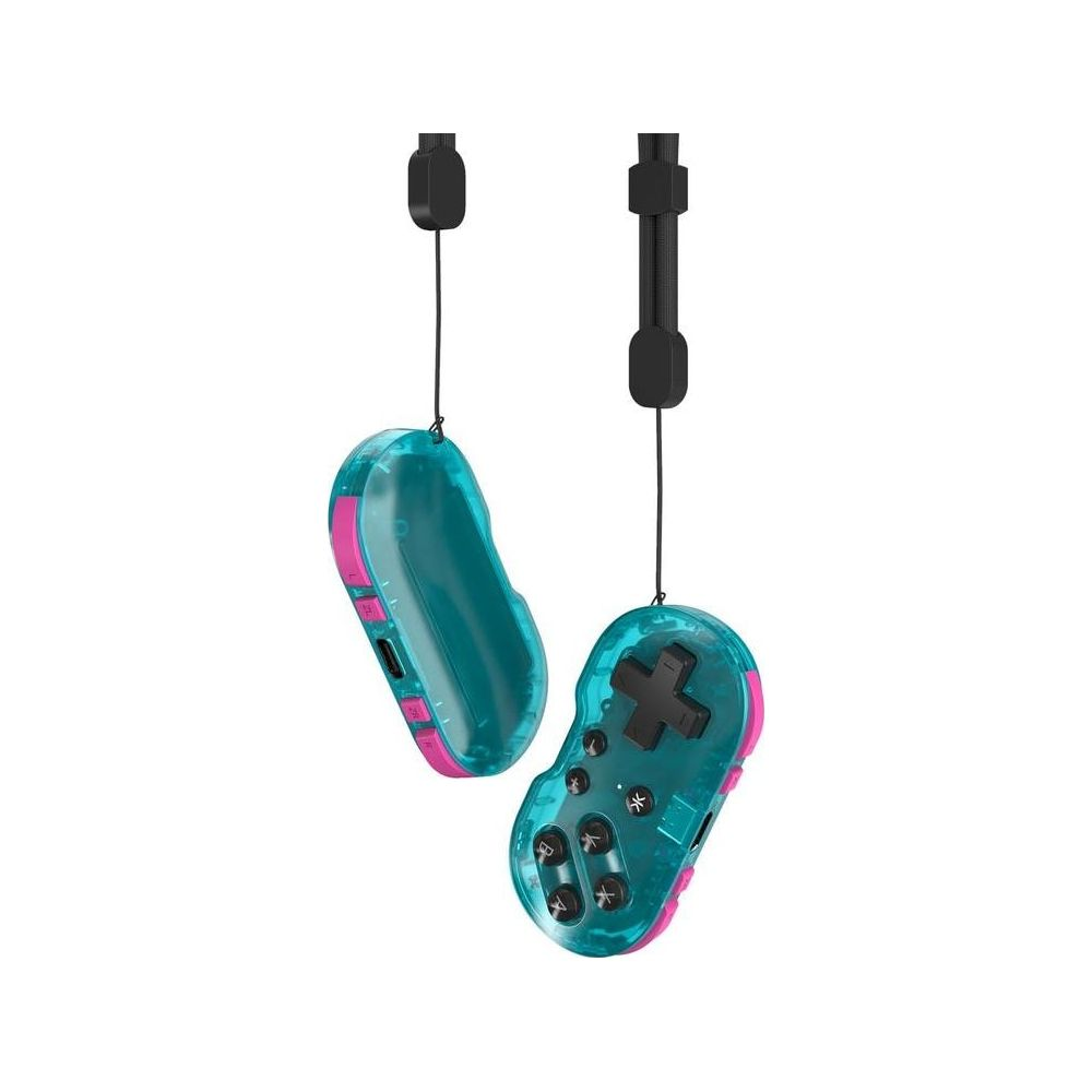 Dwa turkusowe, przezroczyste kontrolery Nintendo Switch Joy-Con z czarnymi paskami na białym tle.