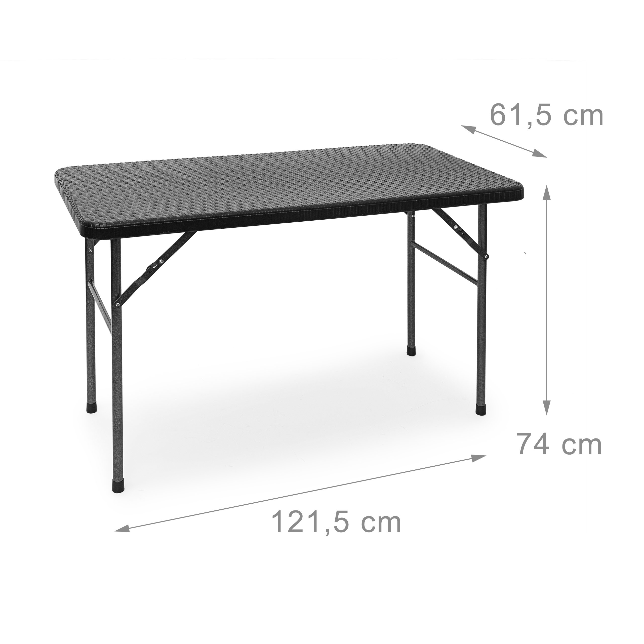 Schwarzer Klapptisch mit Maßen: 121,5 cm Länge, 61,5 cm Breite und 74 cm Höhe vor weißem Hintergrund.