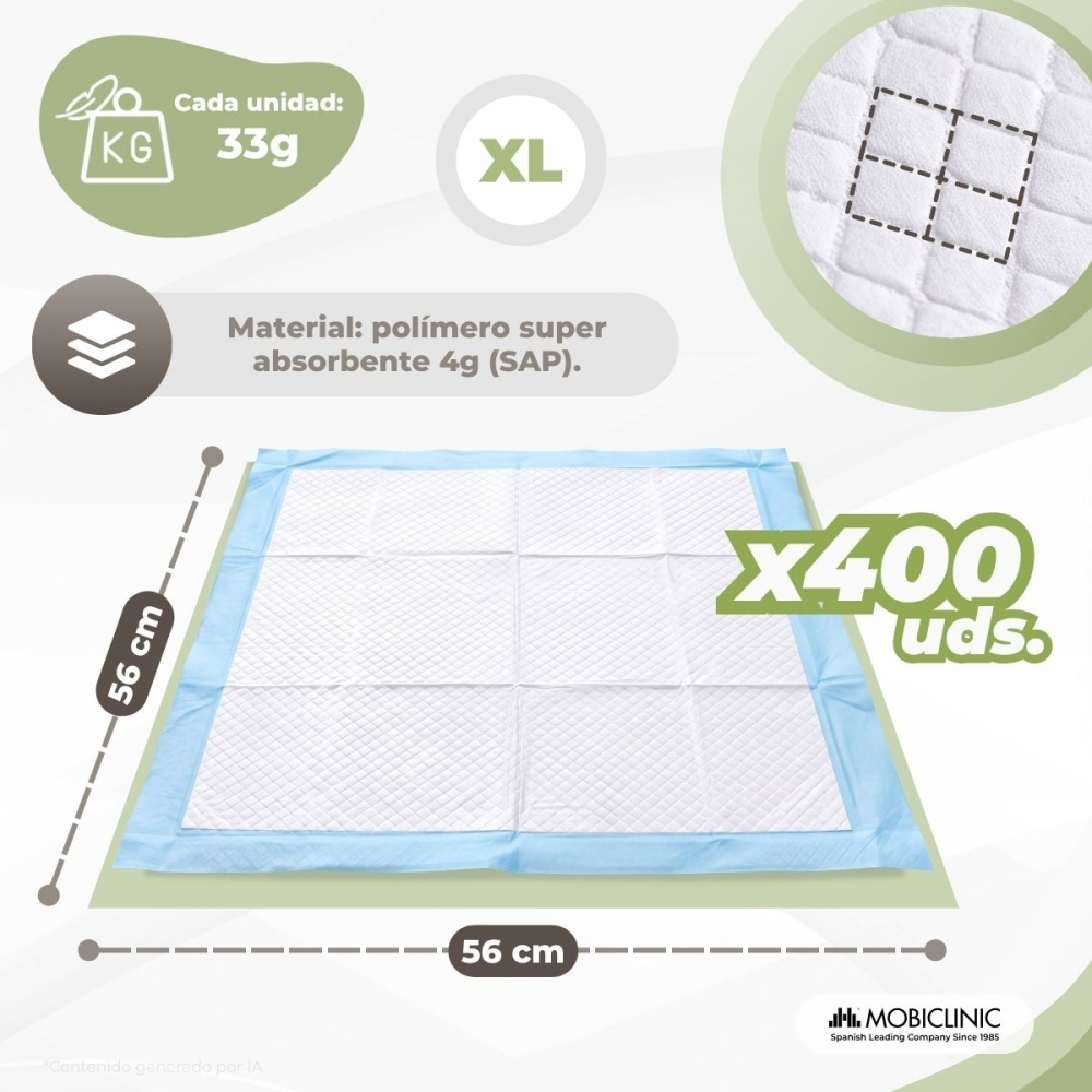Empapador para perros XL azul y blanco, 56x56 cm, de 33g, en caja de 400 unidades.