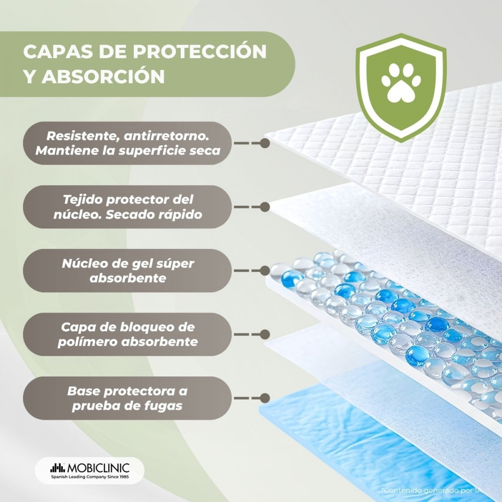 Diagrama que muestra las cinco capas protectoras y absorbentes de un empapador, incluyendo núcleo de gel.