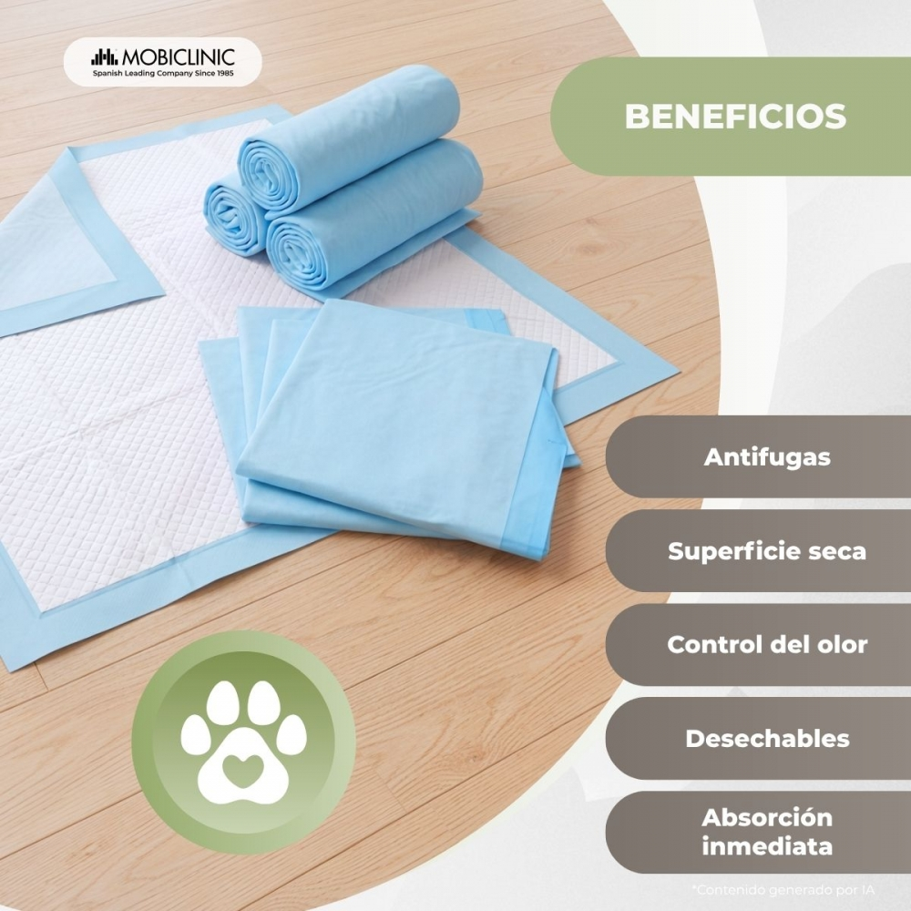 Empapadores azules para cachorros y textiles doblados sobre suelo de madera.