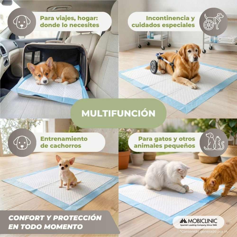 Cuatro paneles muestran mascotas en empapadores para viajes, incontinencia, adiestramiento y animales pequeños.