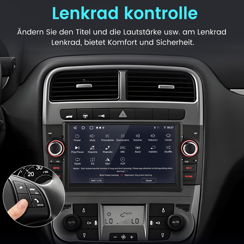 Autoinnenraum mit Multimediabildschirm und Lenkradsteuerung im Inset.