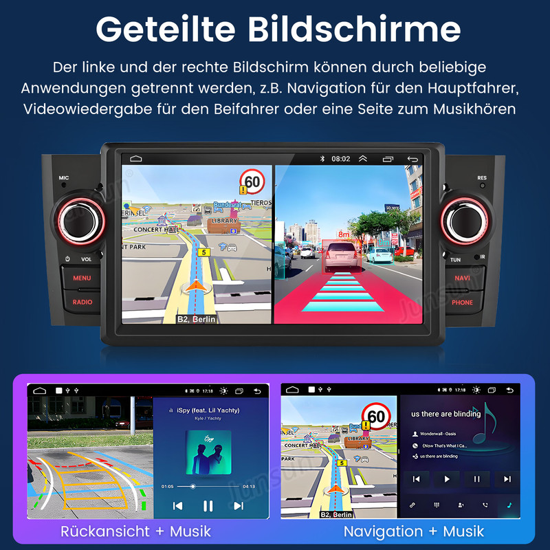 Autoradio mit geteiltem Bildschirm zeigt Navigation und Kameraansicht.