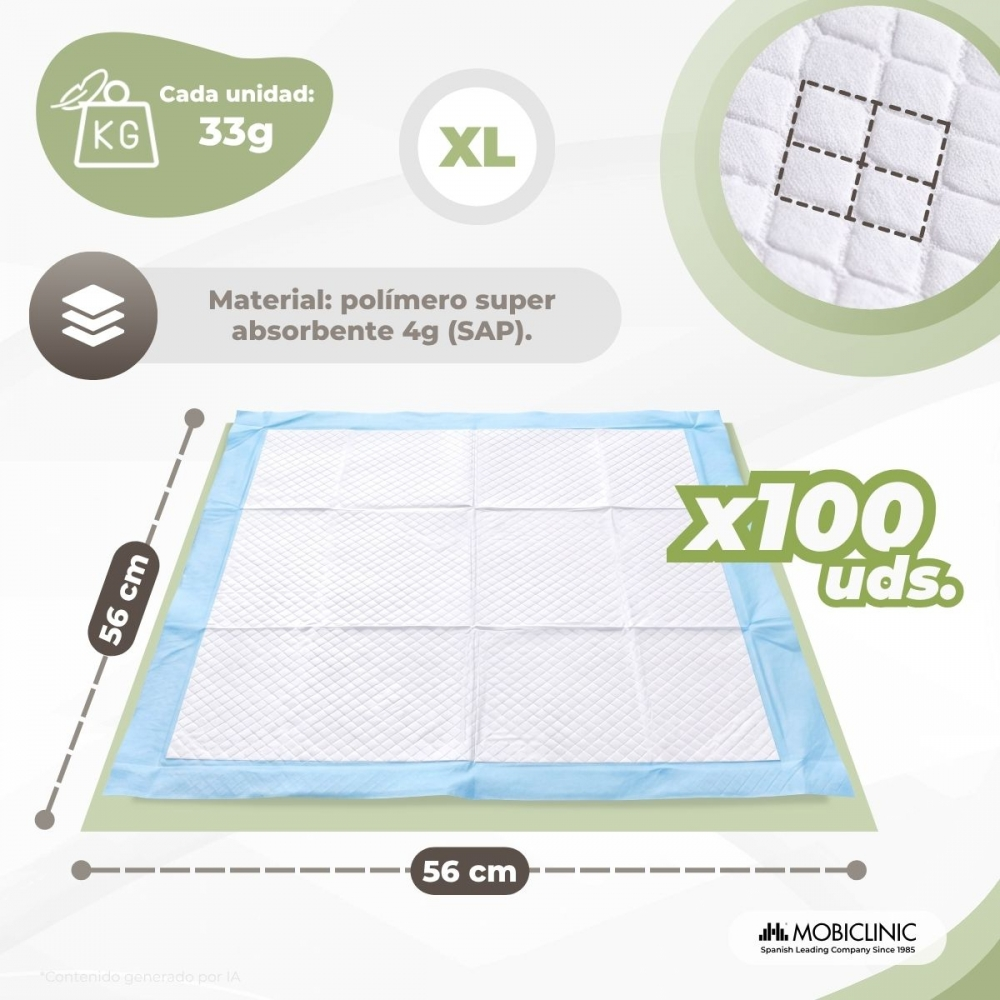 Empapador XL para perros con bordes azules, 56x56 cm, paquete de 100 uds con material SAP.