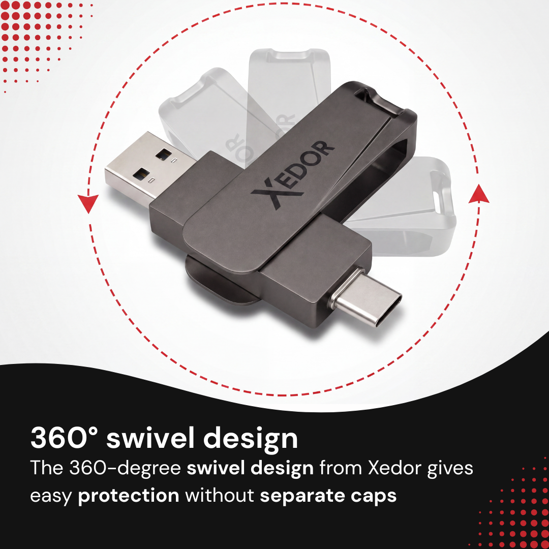 Een grijze Xedor USB-flashdrive met een draaibaar ontwerp van 360 graden en dubbele aansluitingen.