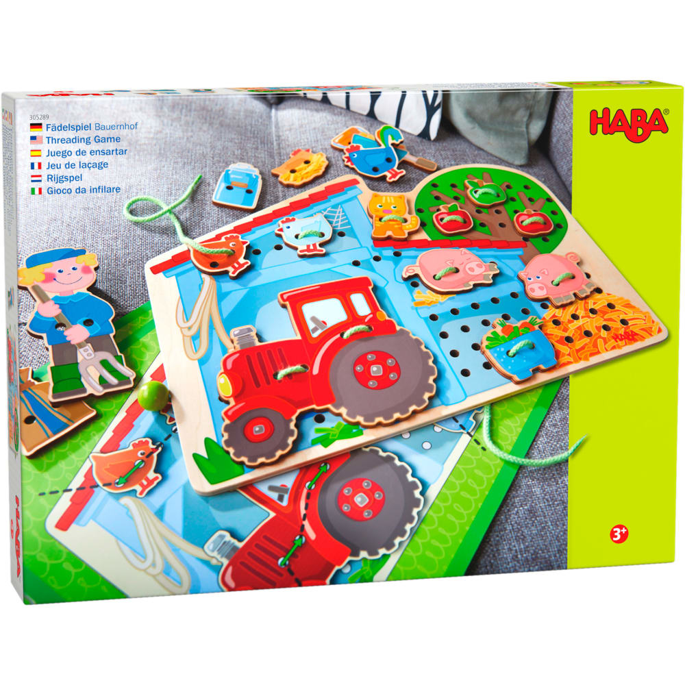 Buntes HABA Fädelspiel mit Holzfiguren wie Traktor und Tieren auf einer bunten Spieltafel.