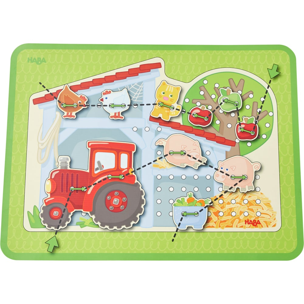 Ein hölzernes Bauernhof-Puzzlespielbrett mit einem roten Traktor, Tieren und gepunkteten Führungslinien.