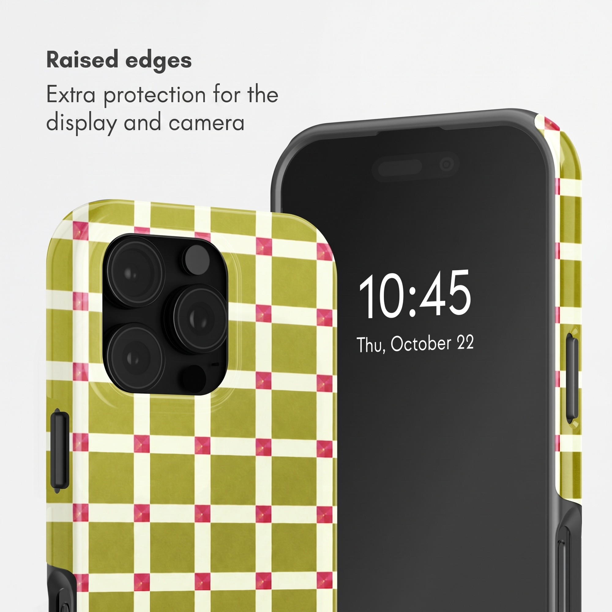 Zwei Smartphones zeigen eine grüne karierte Hülle mit erhöhten Kanten zum Schutz.