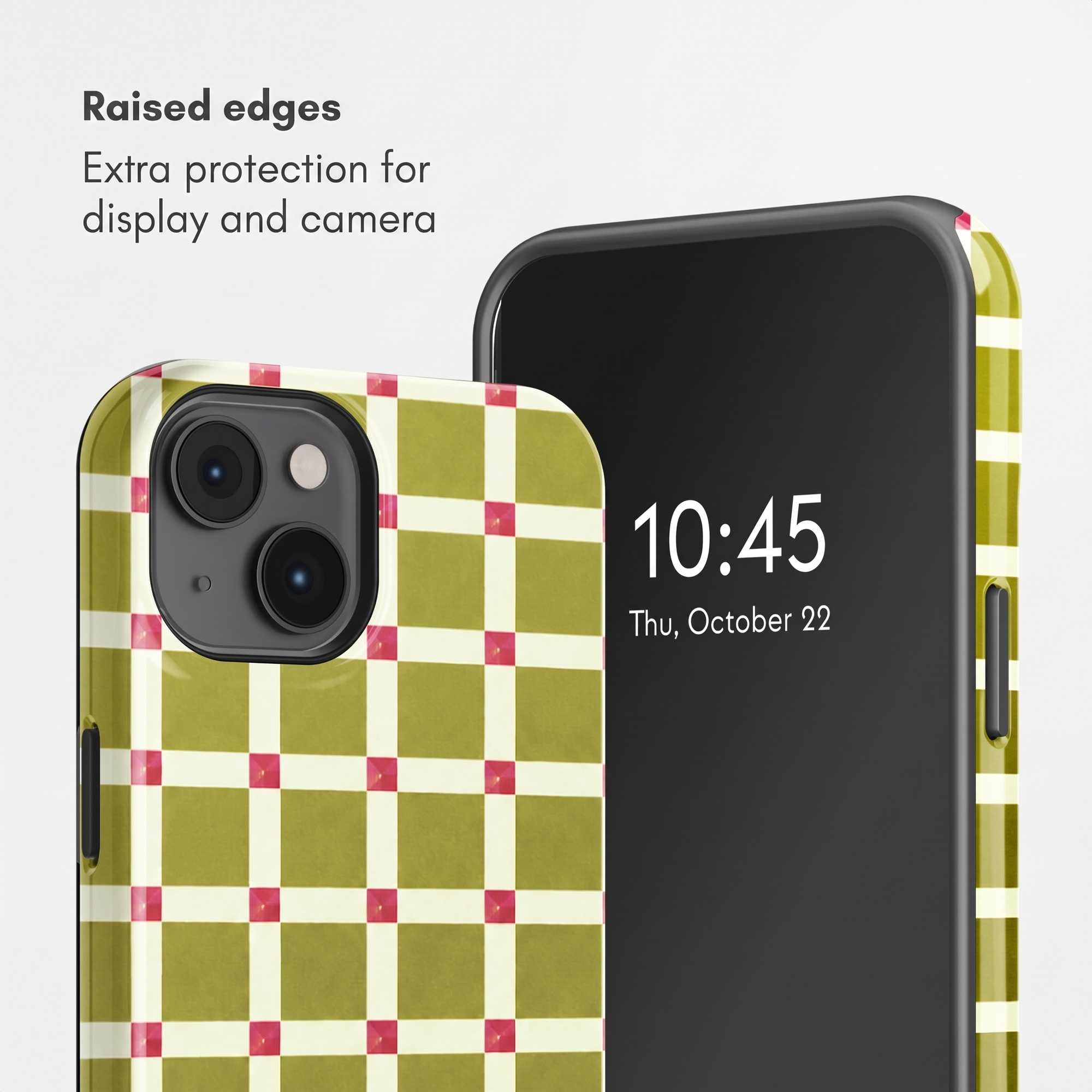Ein Smartphone in einem grün-weiß karierten Etui mit pinken Akzenten und erhöhtem Rand zum Schutz.
