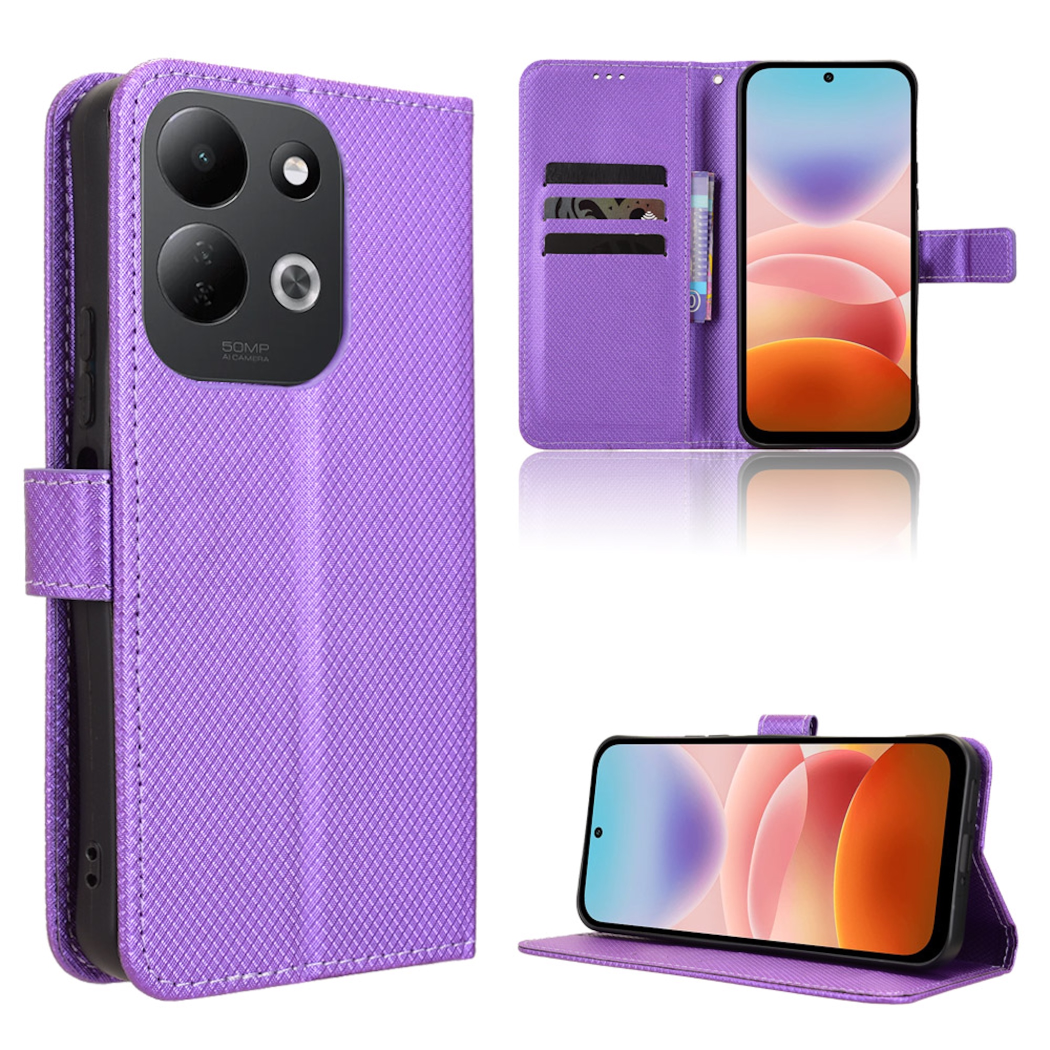 Violette Leder-Handytasche mit Kartenfächern, Ständerfunktion und Ausschnitten für die Kamera.