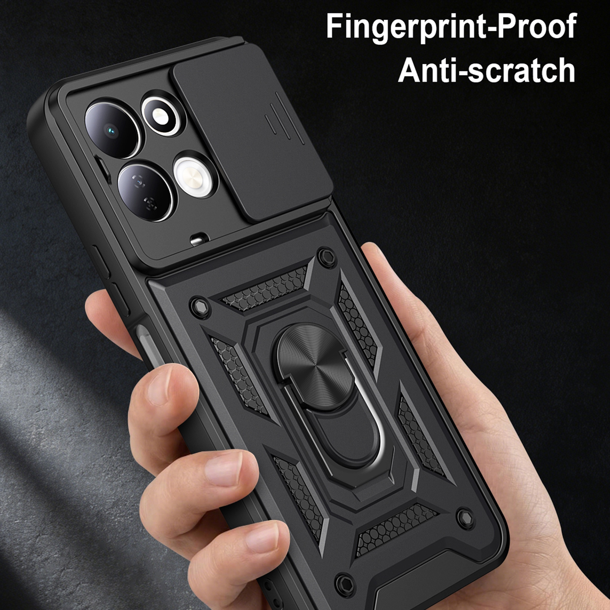 Eine Hand hält eine schwarze Smartphone-Schutzhülle mit Kamera-Schieber und Metallring auf der Rückseite.