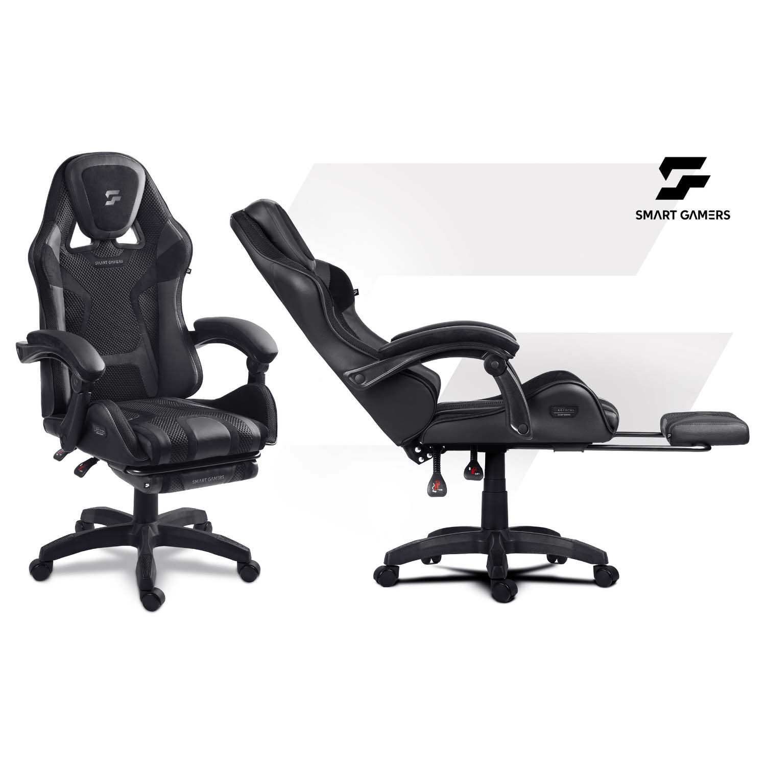 Dwa widoki czarnego fotela gamingowego Smart Gamers na podstawie z kółkami, jeden pionowy, drugi rozłożony z podnóżkiem.
