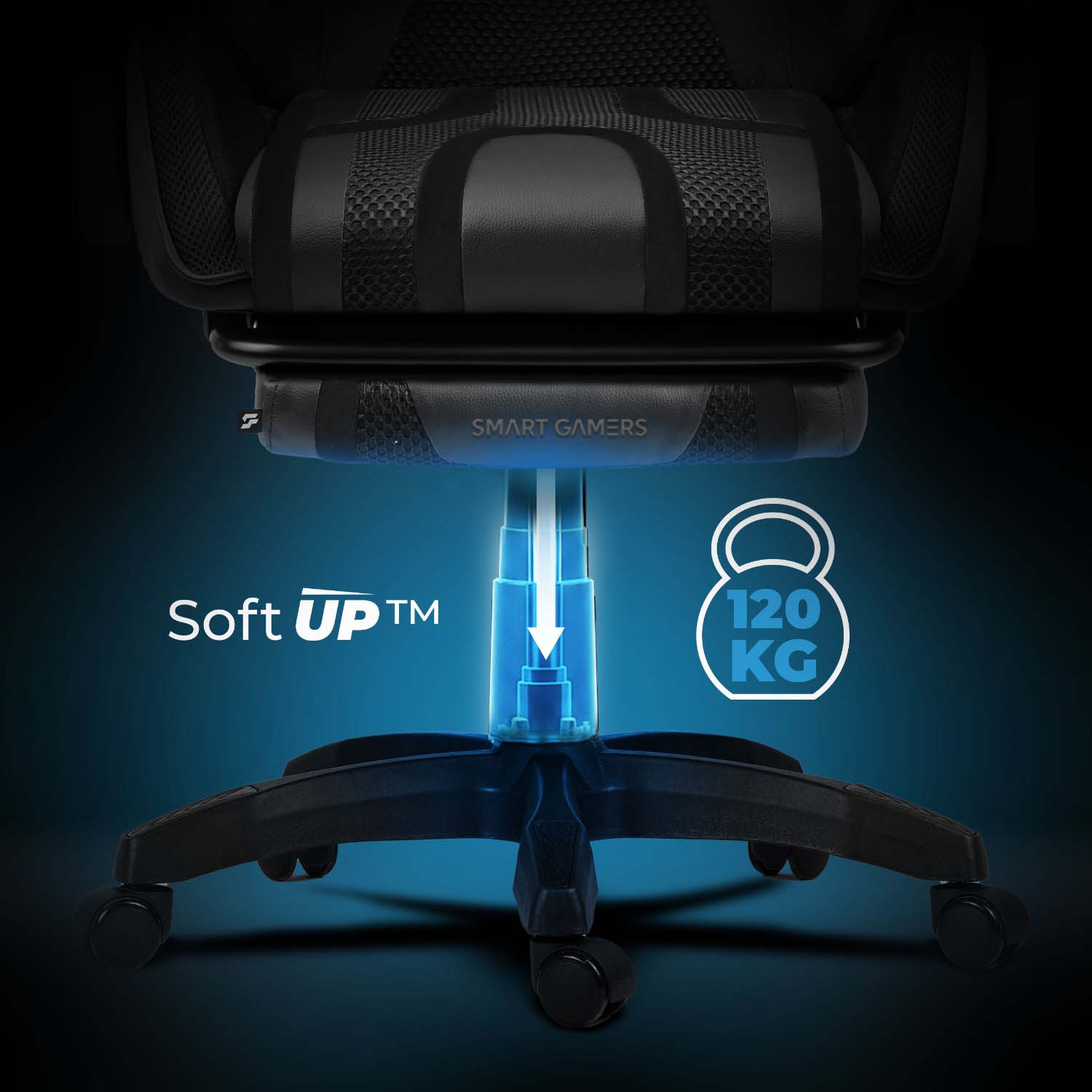 Czarny fotel gamingowy z niebieskim oświetleniem, technologią Soft UP i udźwigiem 120 kg.