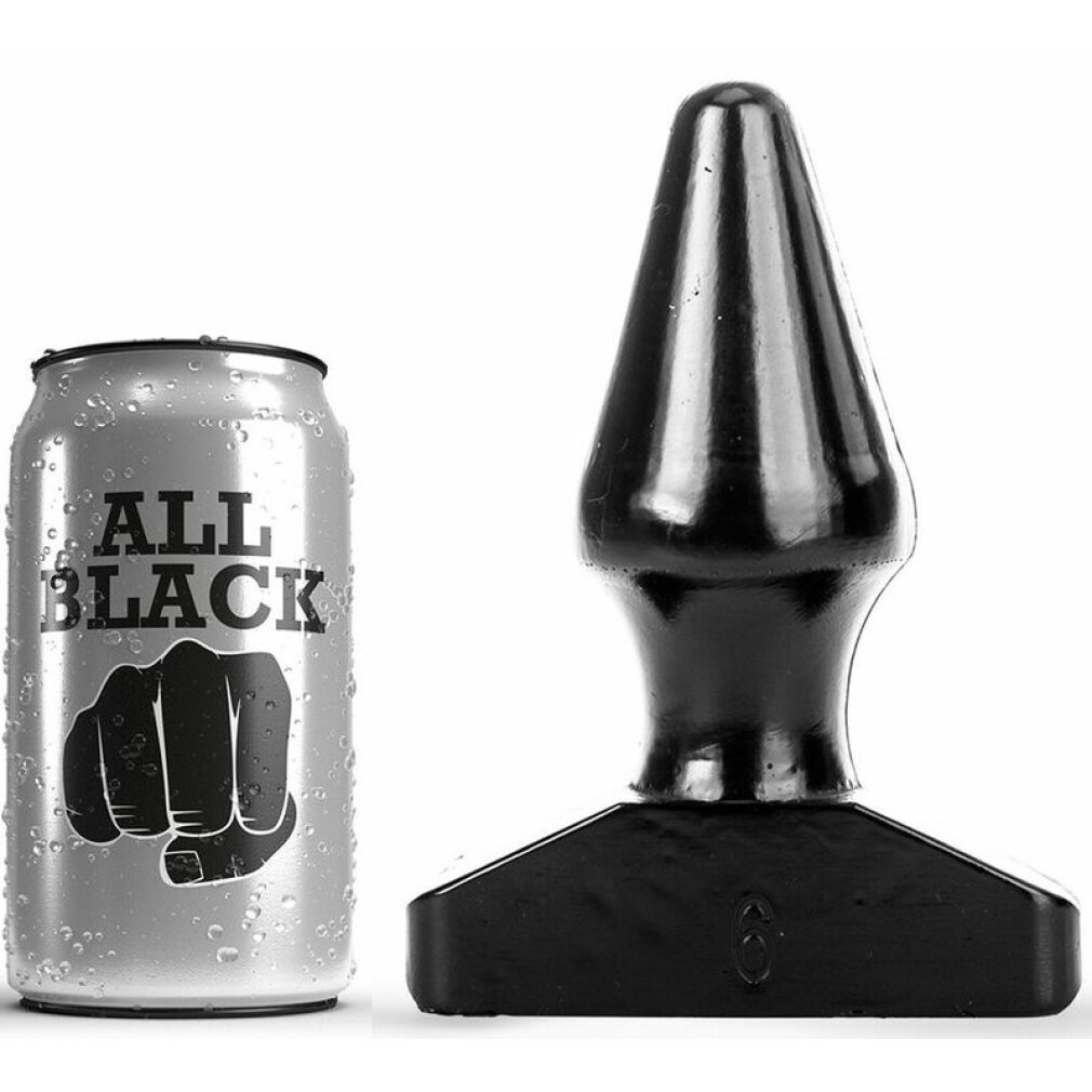 Eine glänzende, schwarze Analplug-Form neben einer silbernen Getränkedose mit der Aufschrift "All Black".