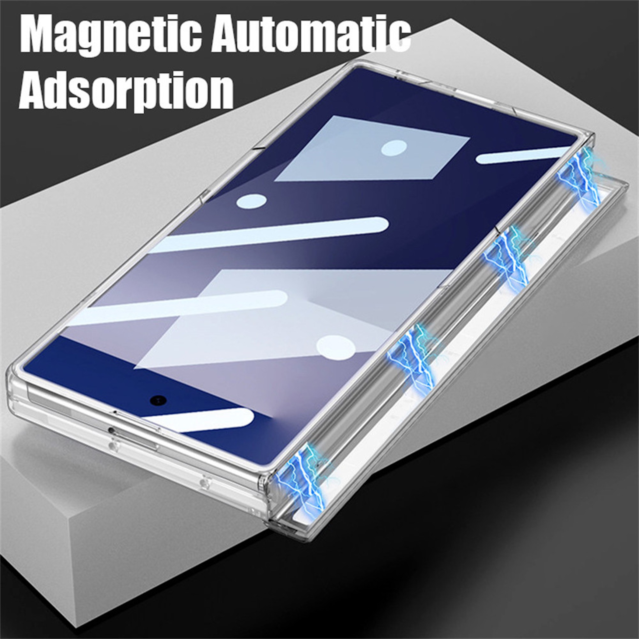 Eine klare Handyhülle mit magnetischer Adsorption in blauem Licht auf einem weißen Ständer.