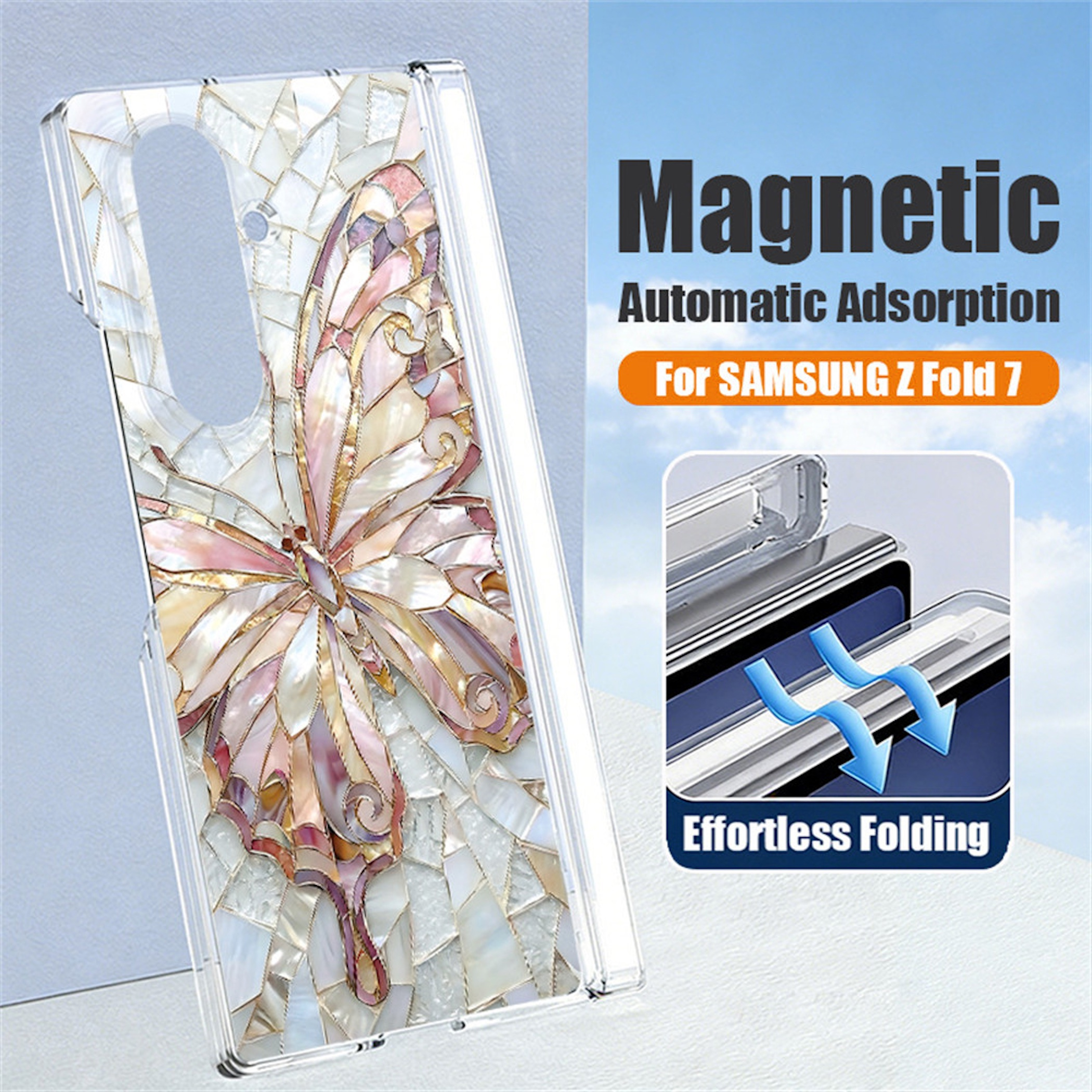Handyhülle für Samsung Z Fold 7 mit Perlmutt-Schmetterlingsdesign und magnetischem Verschluss.