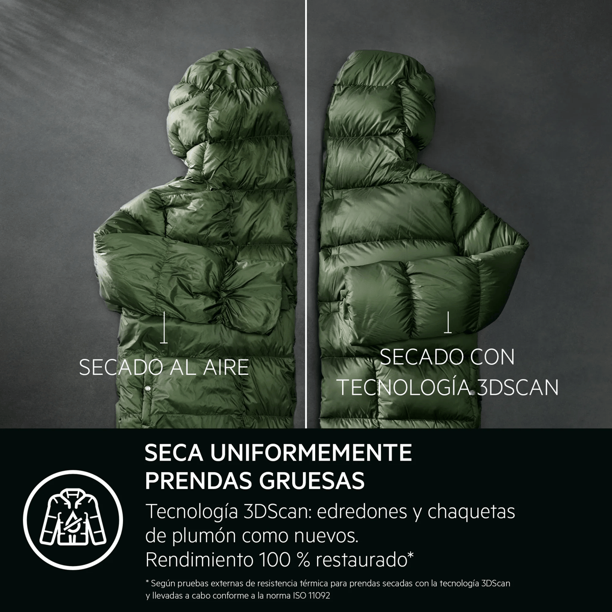 Comparación de dos chaquetas de plumas verdes, secadas al aire y con tecnología 3DScan.