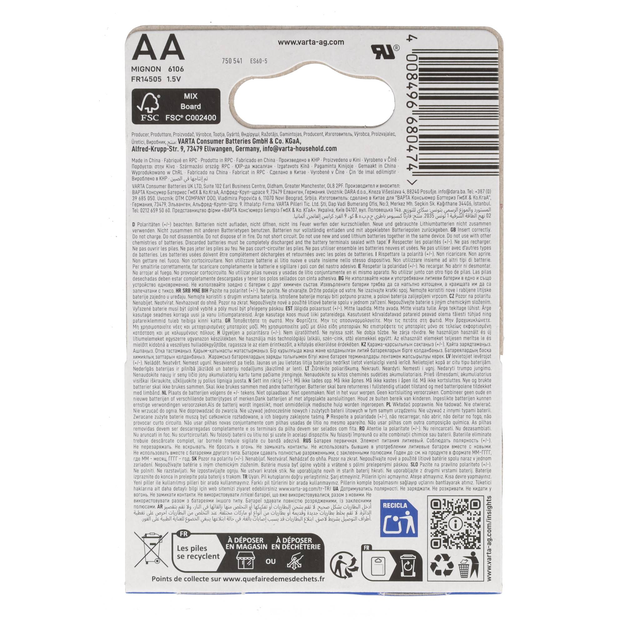 Rückseite einer Varta Batterie mit Warnhinweisen und Barcode.