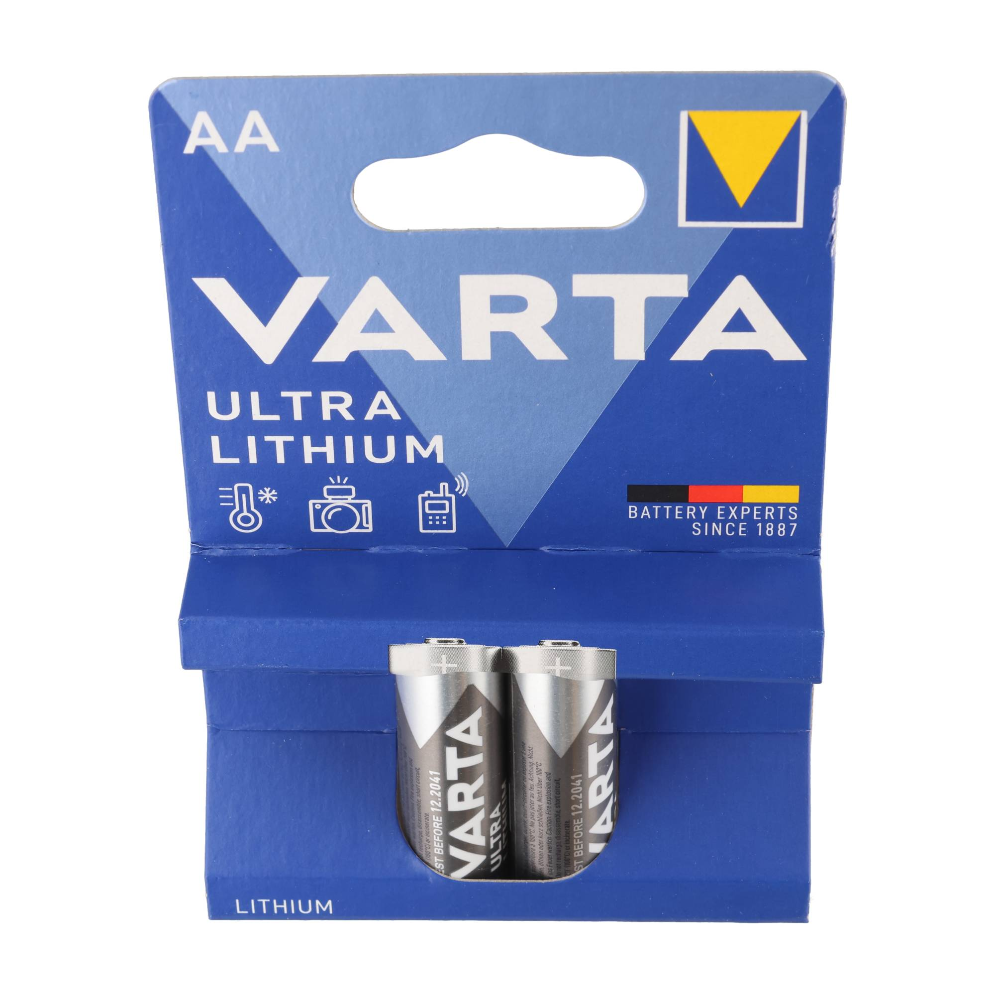 Eine blau-weiße Varta Ultra Lithium AA-Batterieverpackung zeigt zwei darin sichtbare Batterien.