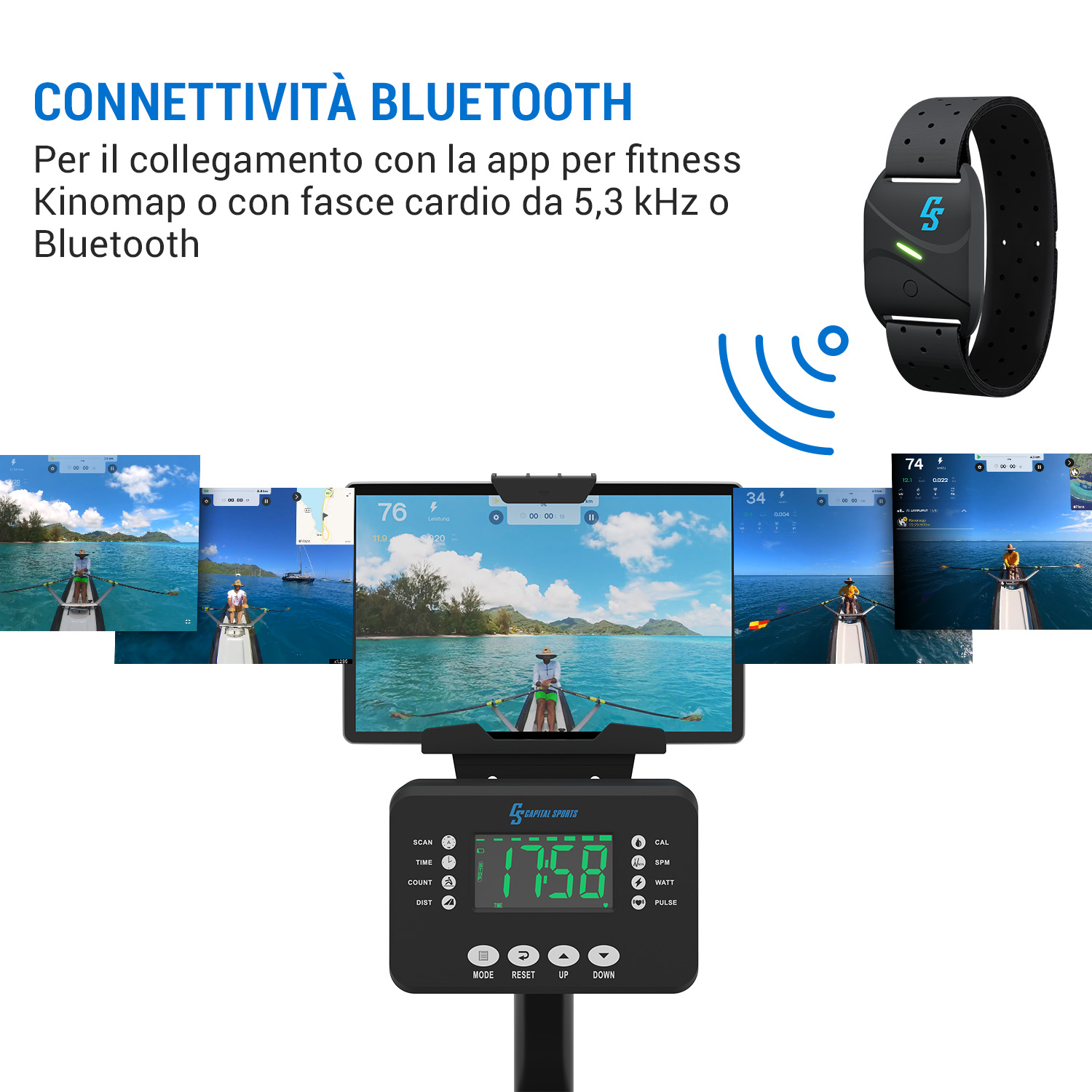 Bluetooth-Display mit Tablet und Herzfrequenzmesser, verbunden mit Kinomap.