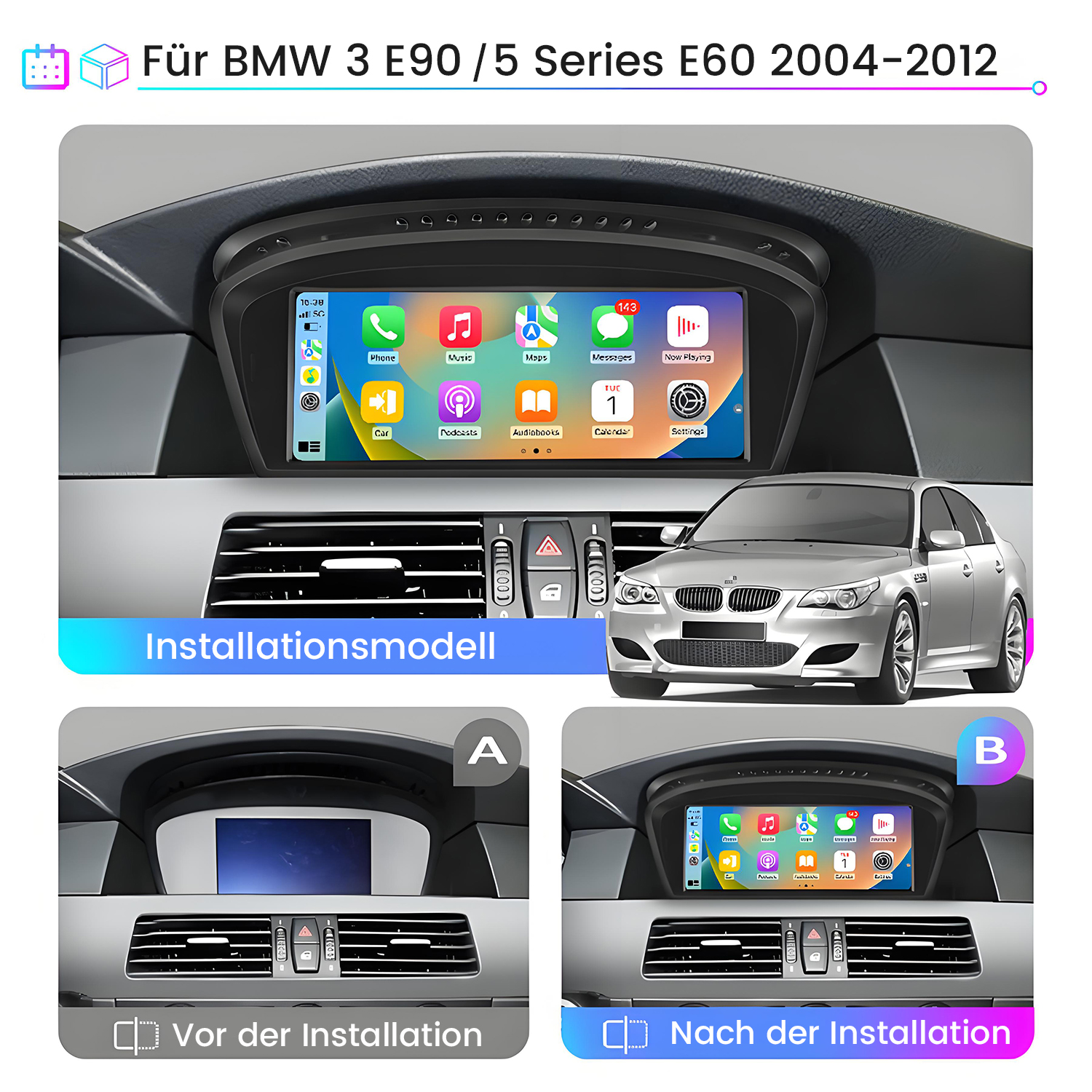 Autodisplay-Einbau für BMW: vorher kleiner Bildschirm, nachher breites Touchscreen-Infotainment.