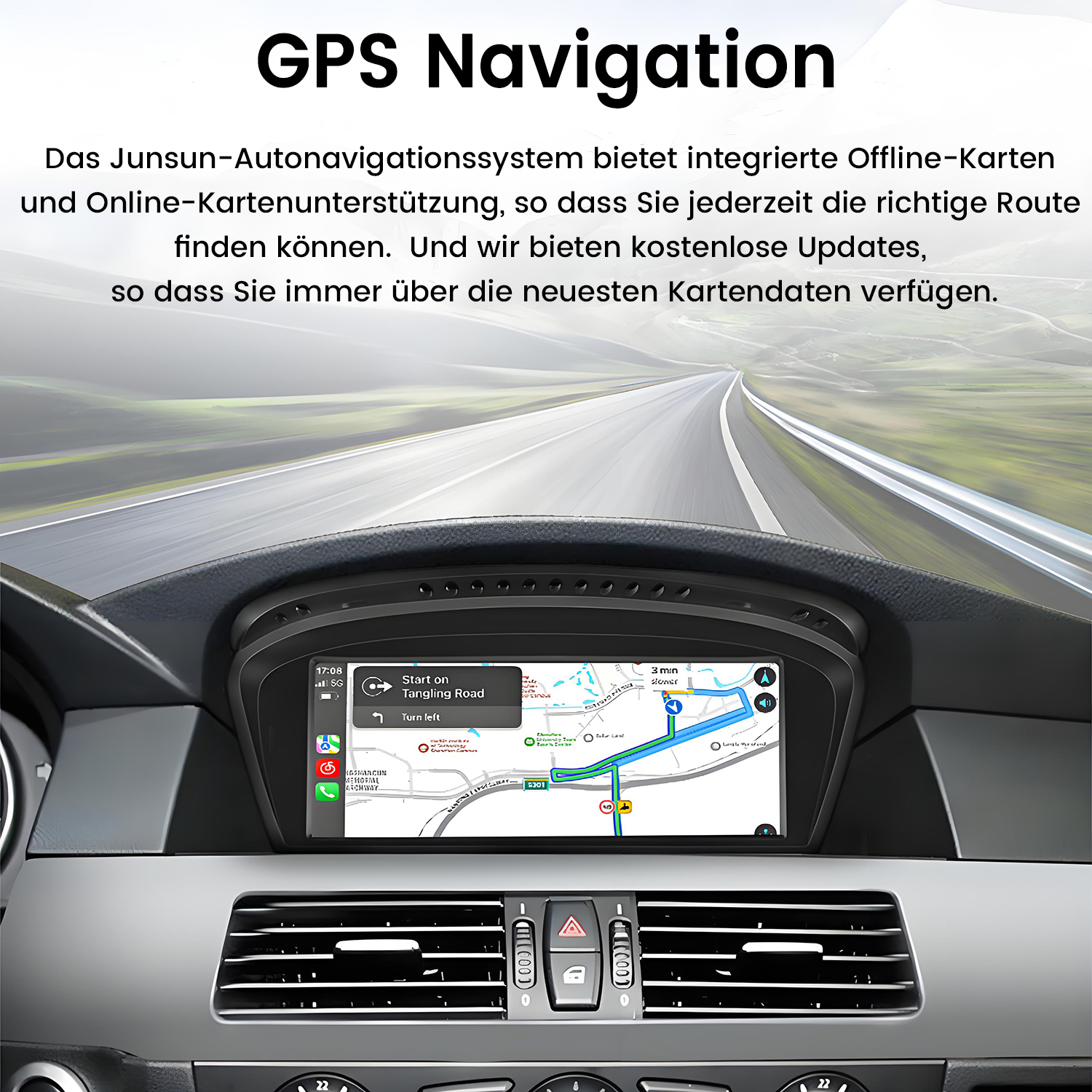 Autodashboard mit GPS-Navigationsbildschirm und deutscher Werbetext darüber.