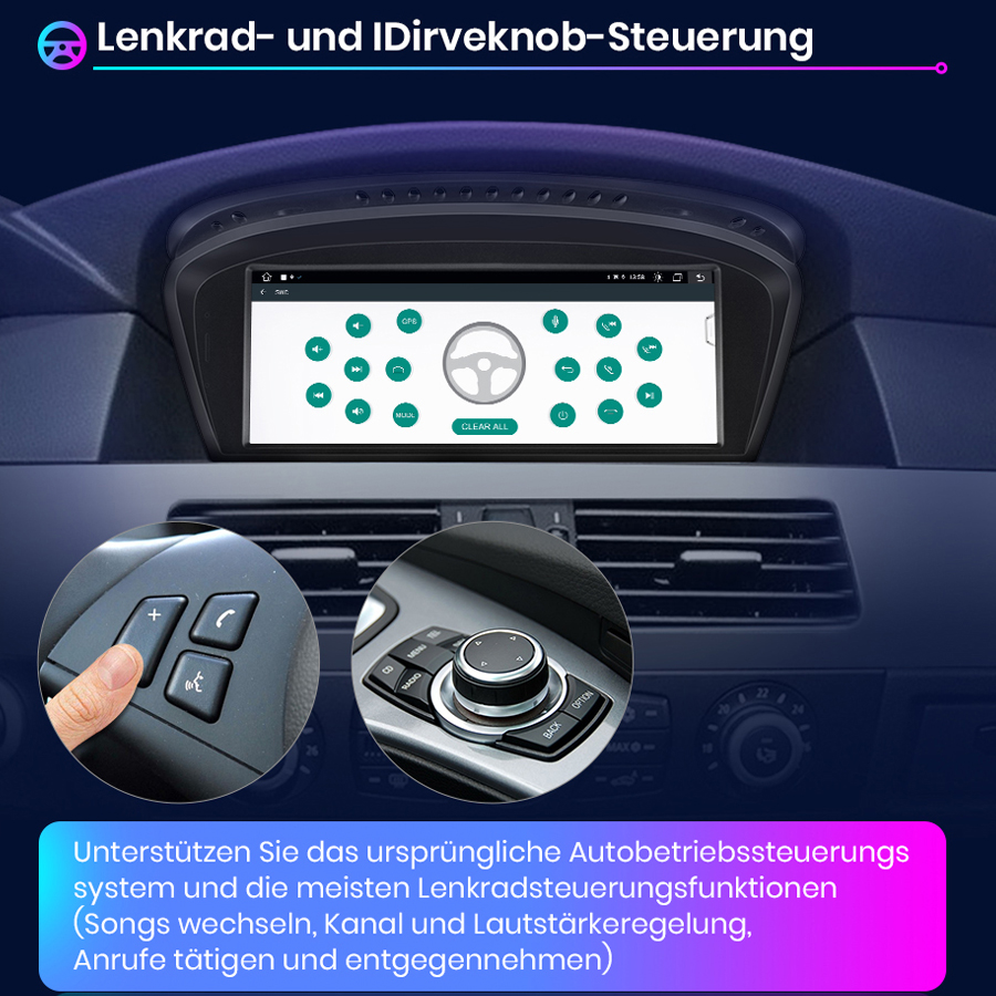 Autoinnenraum mit zentralem Bildschirm, Lenkradtasten und iDrive-Knopf für Multimedia- und Anrufsteuerung.