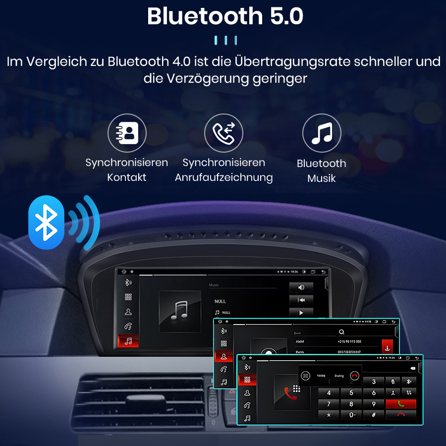 Bluetooth 5.0 Anzeige in einem Auto-Multimediasystem mit Funktionen wie Kontaktsynchronisierung und Musikwiedergabe.