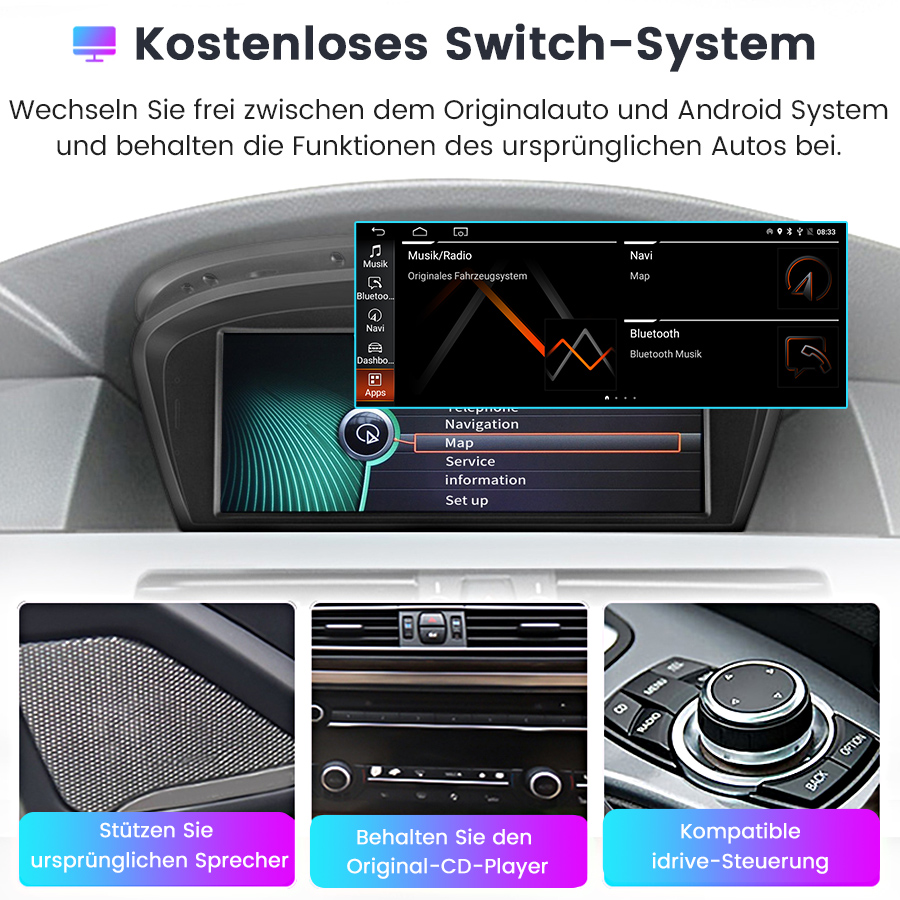 Auto-Navigationssystem mit Android-Schnittstelle und Bedienelementen.