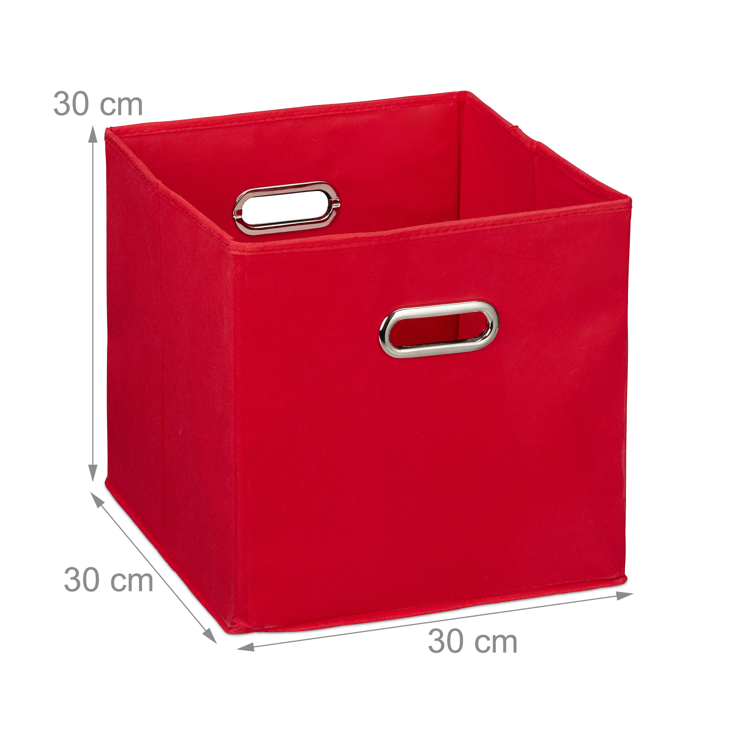 Rote quadratische Stoff-Aufbewahrungsbox mit 30 cm Kantenlänge und Metallgriffen auf weißem Hintergrund.