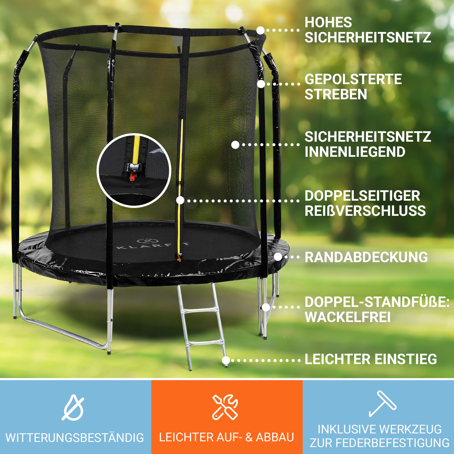 Ein schwarzes Trampolin im Freien mit Sicherheitsnetz und Erklärungen auf Deutsch in der rechten Hälfte.