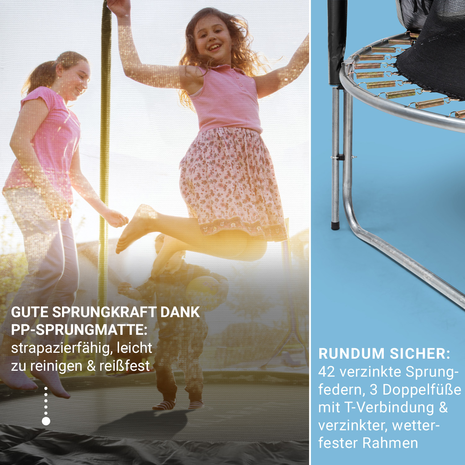 Kinder springen fröhlich auf einem Gartentrampolin, das stabile verzinkte Stahlfedern und einen Rahmen zeigt.