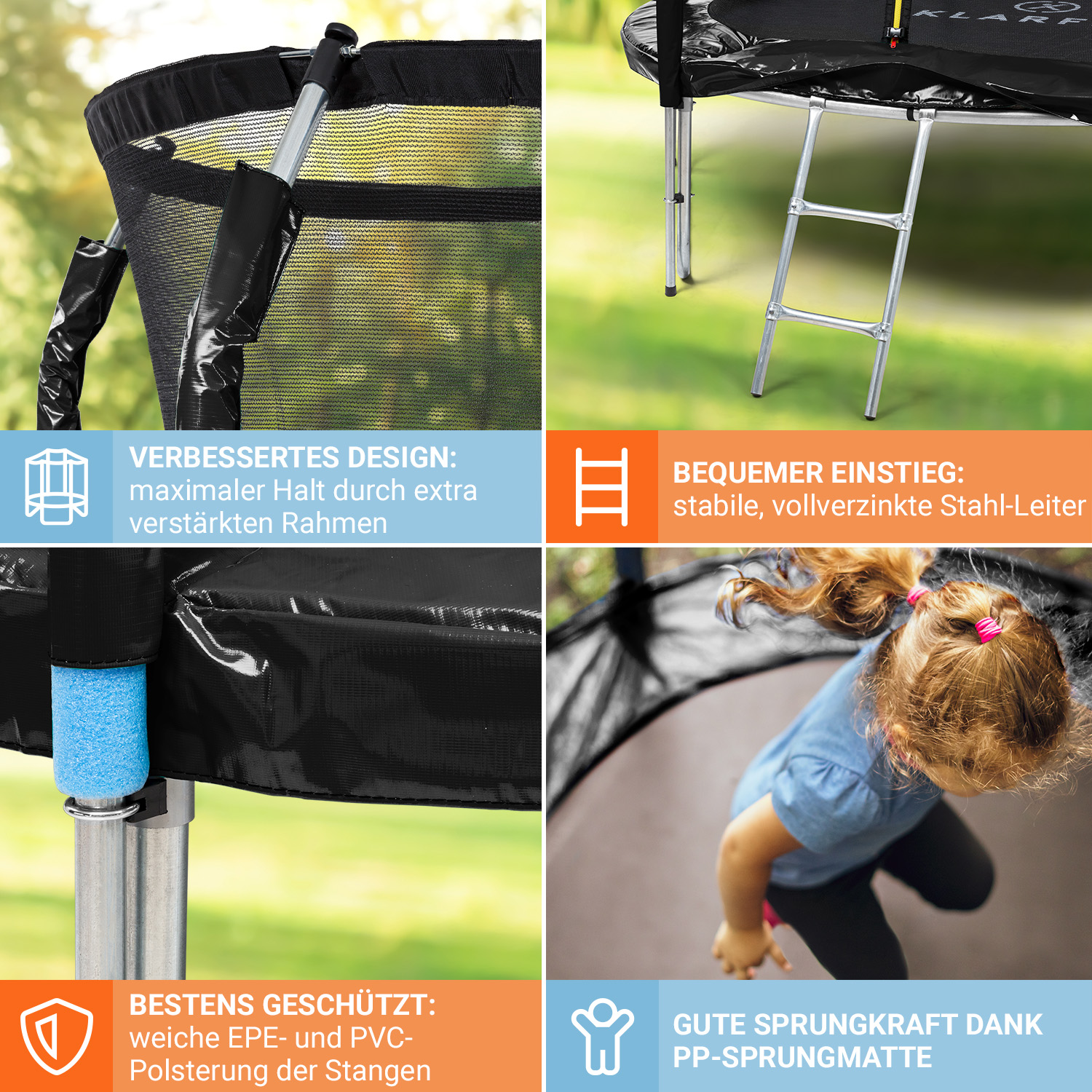 Vier Bilder zeigen Trampolin-Details: verstärkter Rahmen, Stahlleiter, gepolsterte Stangen und springendes Kind.