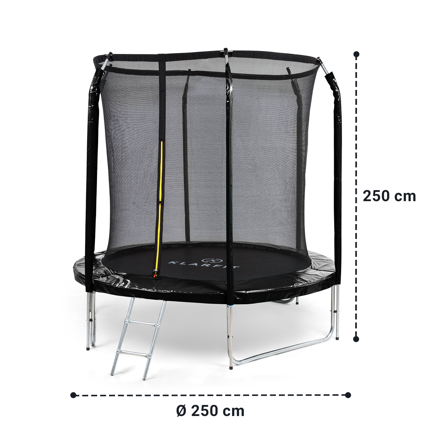 Schwarzes Trampolin mit Schutznetz und Leiter, Durchmesser und Höhe jeweils 250 cm.