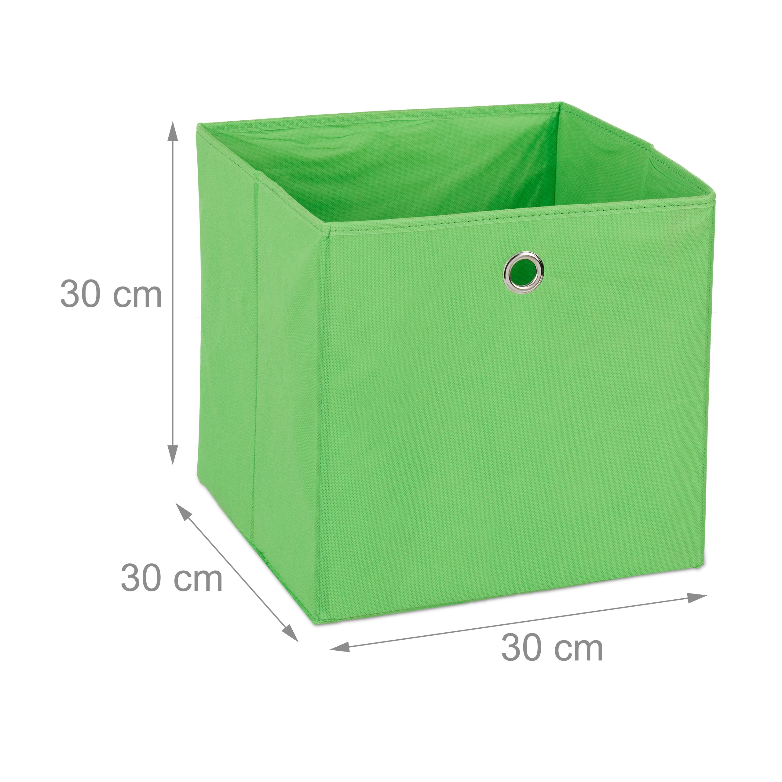 Grüne faltbare Aufbewahrungsbox mit Öse und Maßen von 30x30x30 cm.