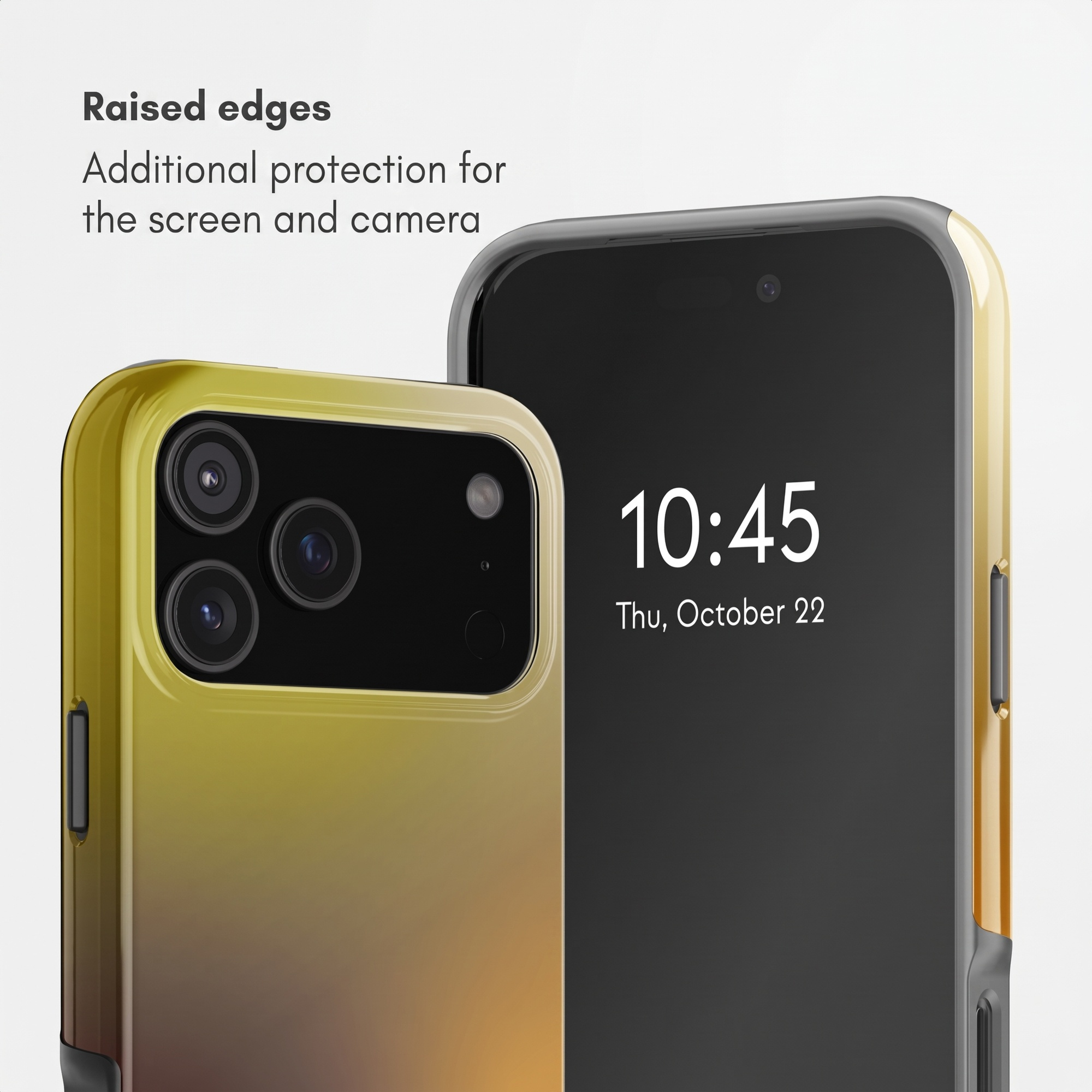 Zwei Smartphones mit goldenen Schutzhüllen und erhöhtem Rand auf weißem Hintergrund.