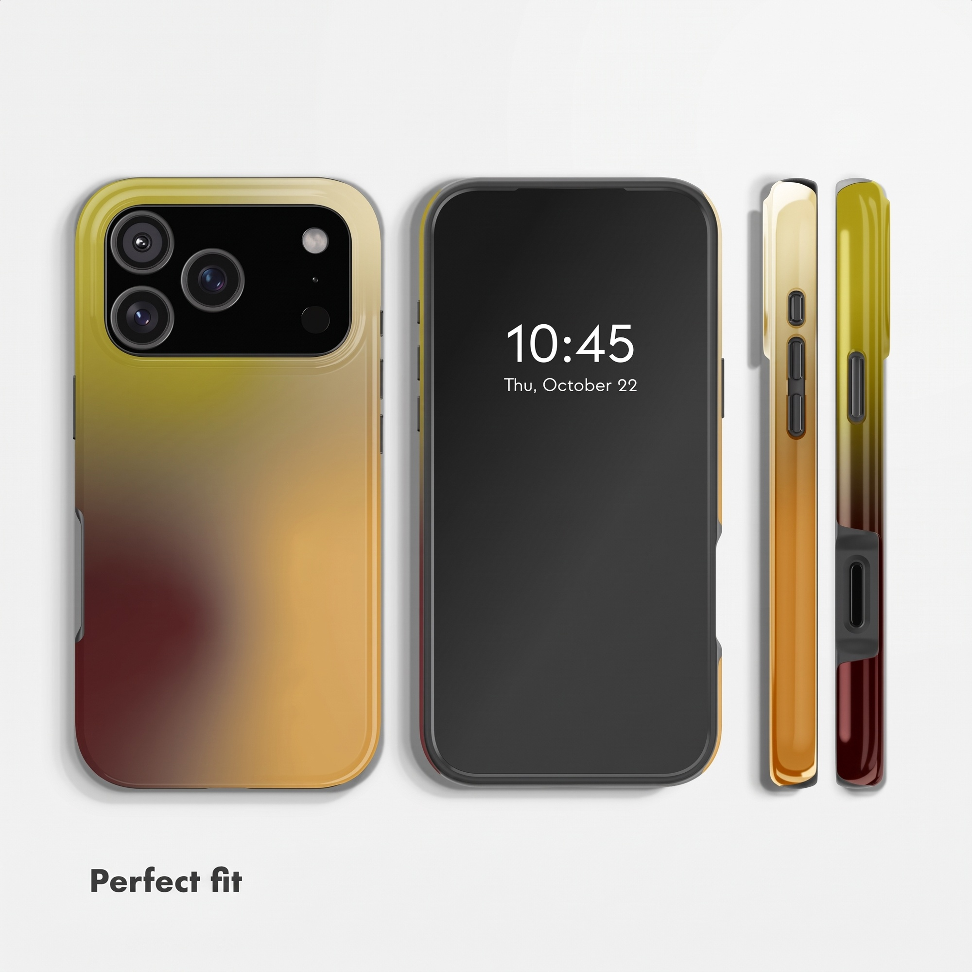 Vier Ansichten eines Smartphones mit gelb-brauner Hülle, Frontbildschirm und Seitentasten.