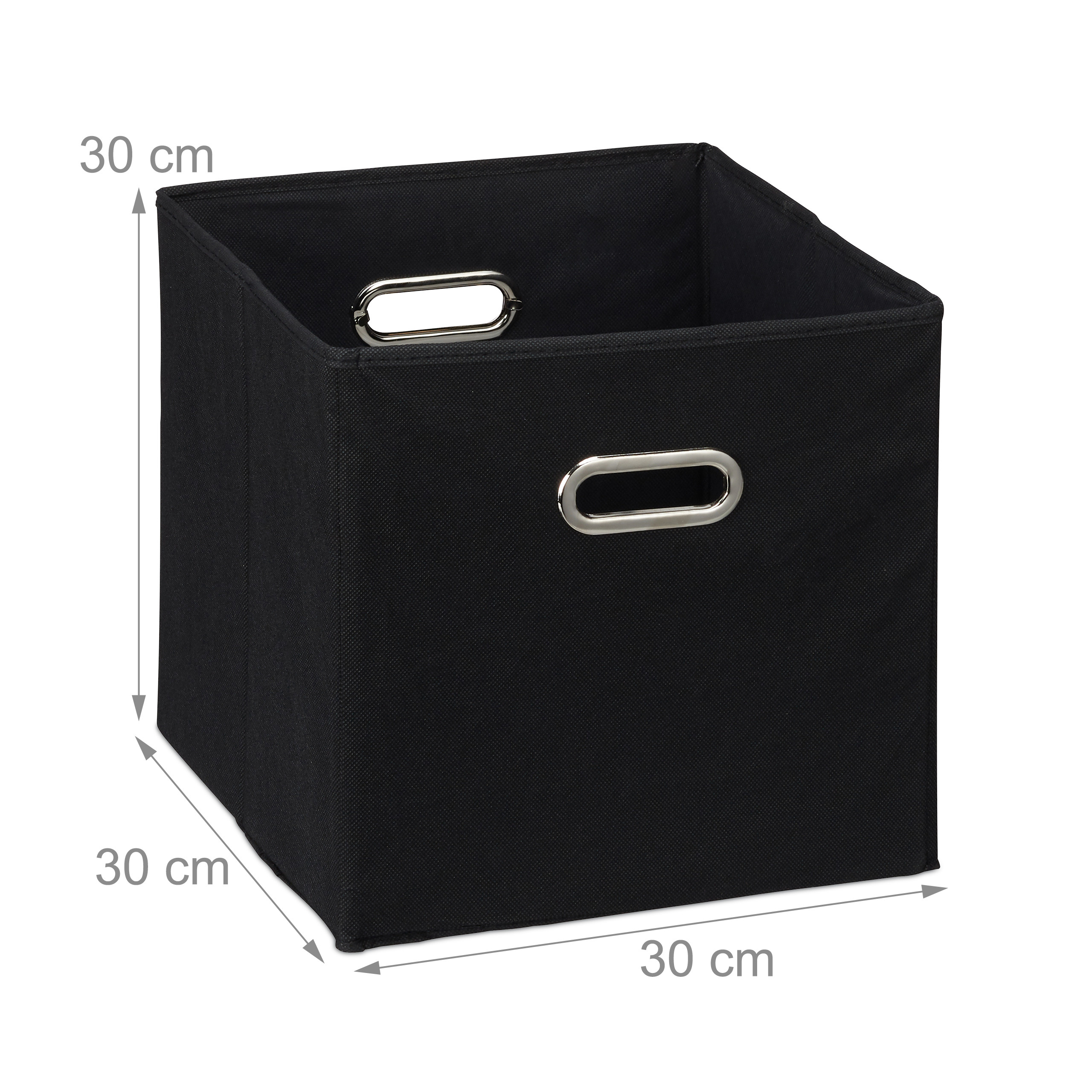 Schwarze Stoff-Aufbewahrungsbox mit silbernen Metallgriffen, 30x30x30 cm.
