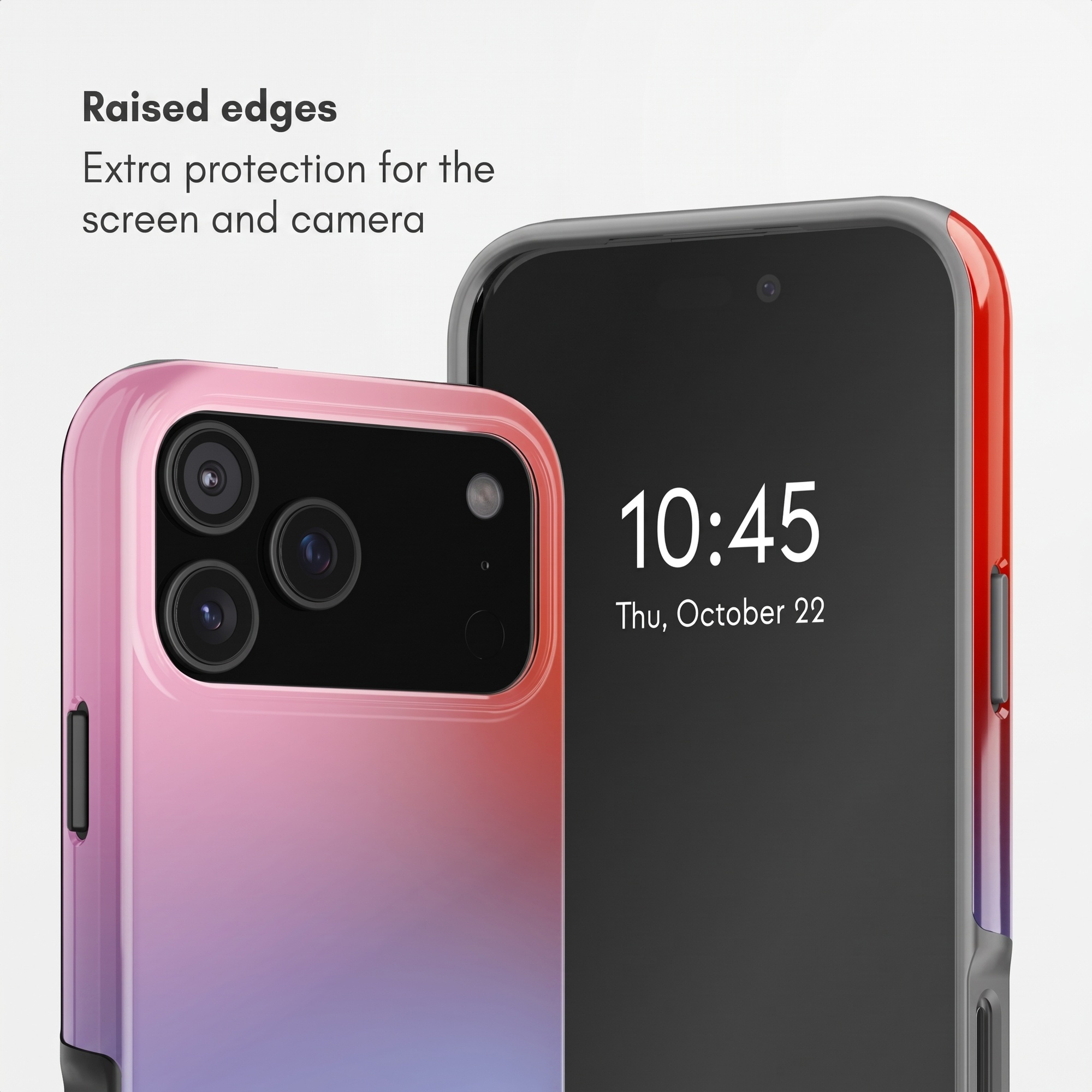 Zwei Smartphones in Farbverlauf-Hüllen, die erhöhte Kanten für den Schutz von Display und Kamera zeigen.