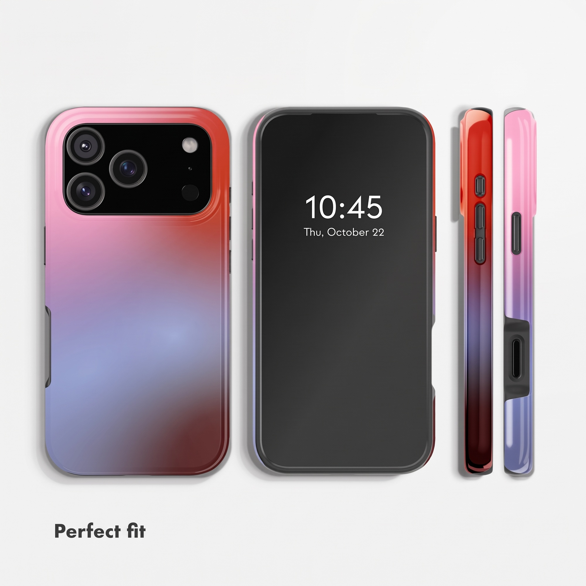 Ein Smartphone in einer Farbverlaufshülle mit Vorder-, Rück- und Seitenansicht vor hellem Hintergrund.