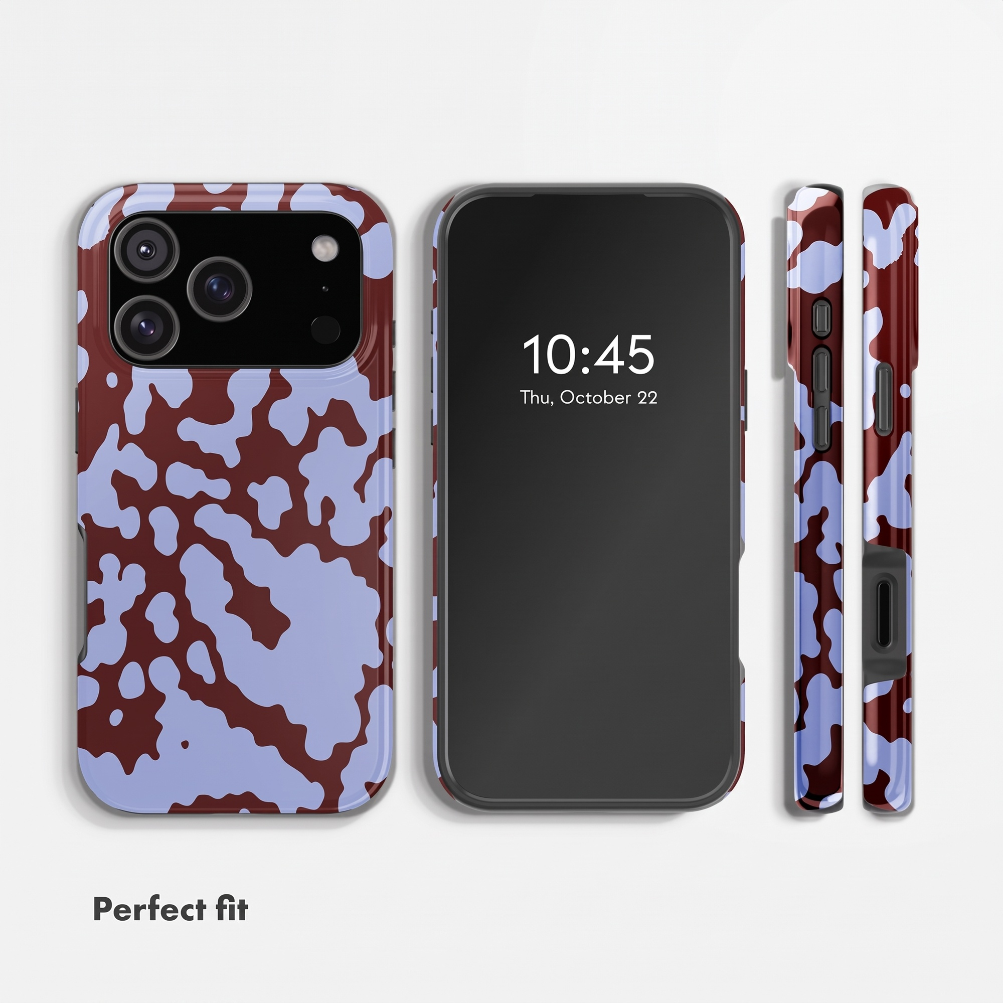 Smartphone in verschiedenen Ansichten mit braun-hellblauem Fleckenmuster und der Aufschrift Perfect fit.